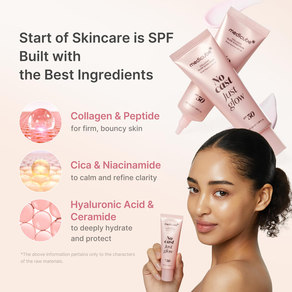 medicube Sunscreen No Cast Just Glow Collagen, SPF 50 | SPF 50 Hydrating Face Sunscreen - Lightweight & Non-Sticky Formula, Peptide & Cica for Soothing & Glow, Korean Skincare