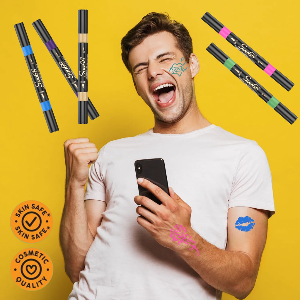 Suu66 Temporary Tattoo Markers Kit, Dual-End 16 Colors with 80 Stencils for Body Art | Skin-Safe, Washable, Cosmetic-Grade | for Kids & Adults