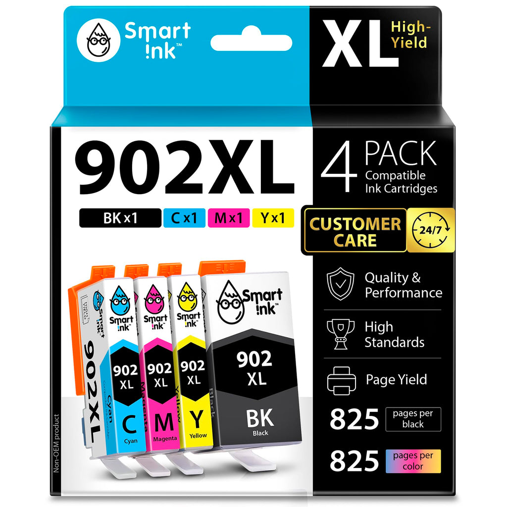 Smart Ink Compatible Ink Cartridge Replacement for HP 902 XL 902XL (4 Combo Pack) to use with Officejet Pro 6978 6968 6974 6975 6960 Officejet 6951 6954 6956 6958 Printers