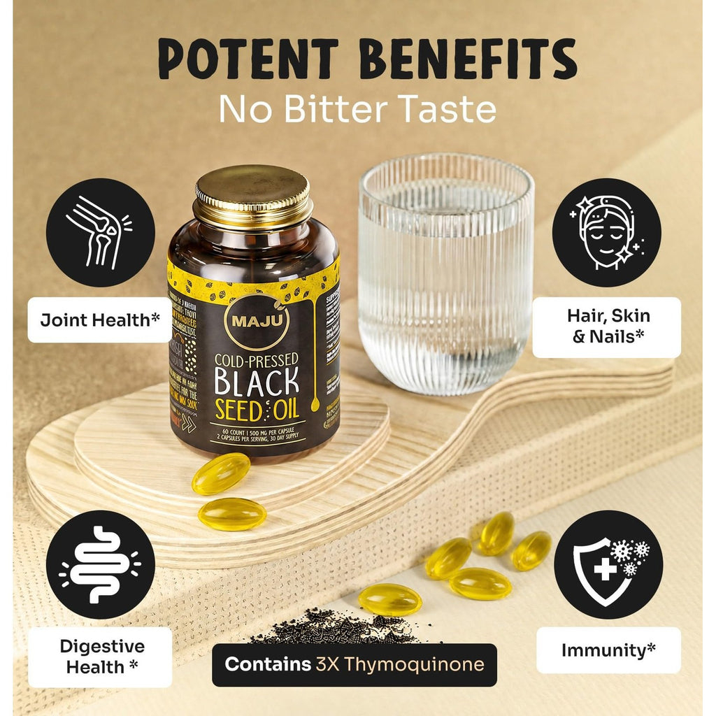 Maju Superfoods Black Seed Oil Capsules - Cold Pressed, 3X Thymoquinone, 100% Turkish Black Cumin Nigella Sativa Seed Oil, Liquid Pure Blackseed 60 Count, 500mg per Capsule