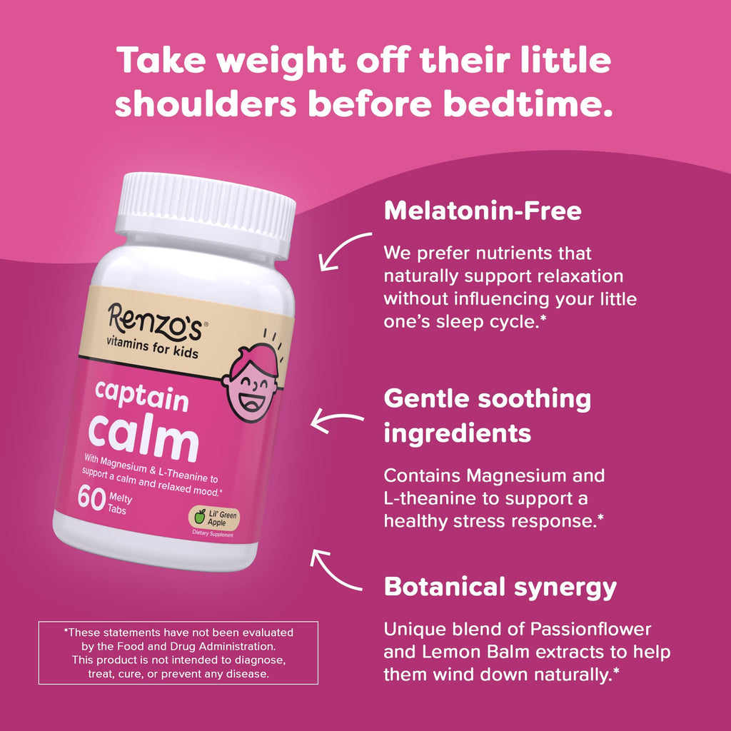 Renzo's Captain Calm Kids Magnesium Supplement with L-Theanine, Dissolvable Kids Vitamins for Relaxation and Mood Support, Sugar-Free Melty Tabs, Green Apple Flavor, 60-Count (1-2 Month Supply)
