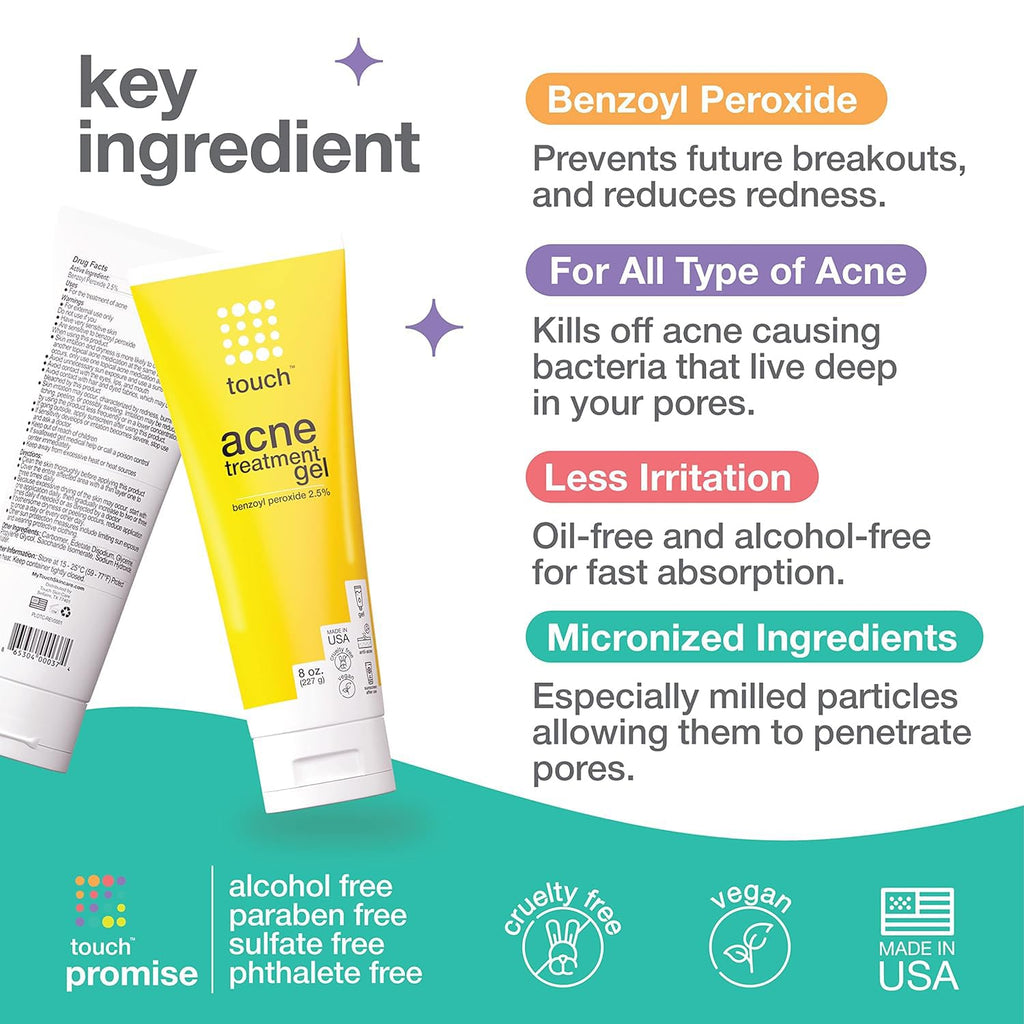 TOUCH 2.5% Benzoyl Peroxide Acne Gel for Face & Body, 8 oz