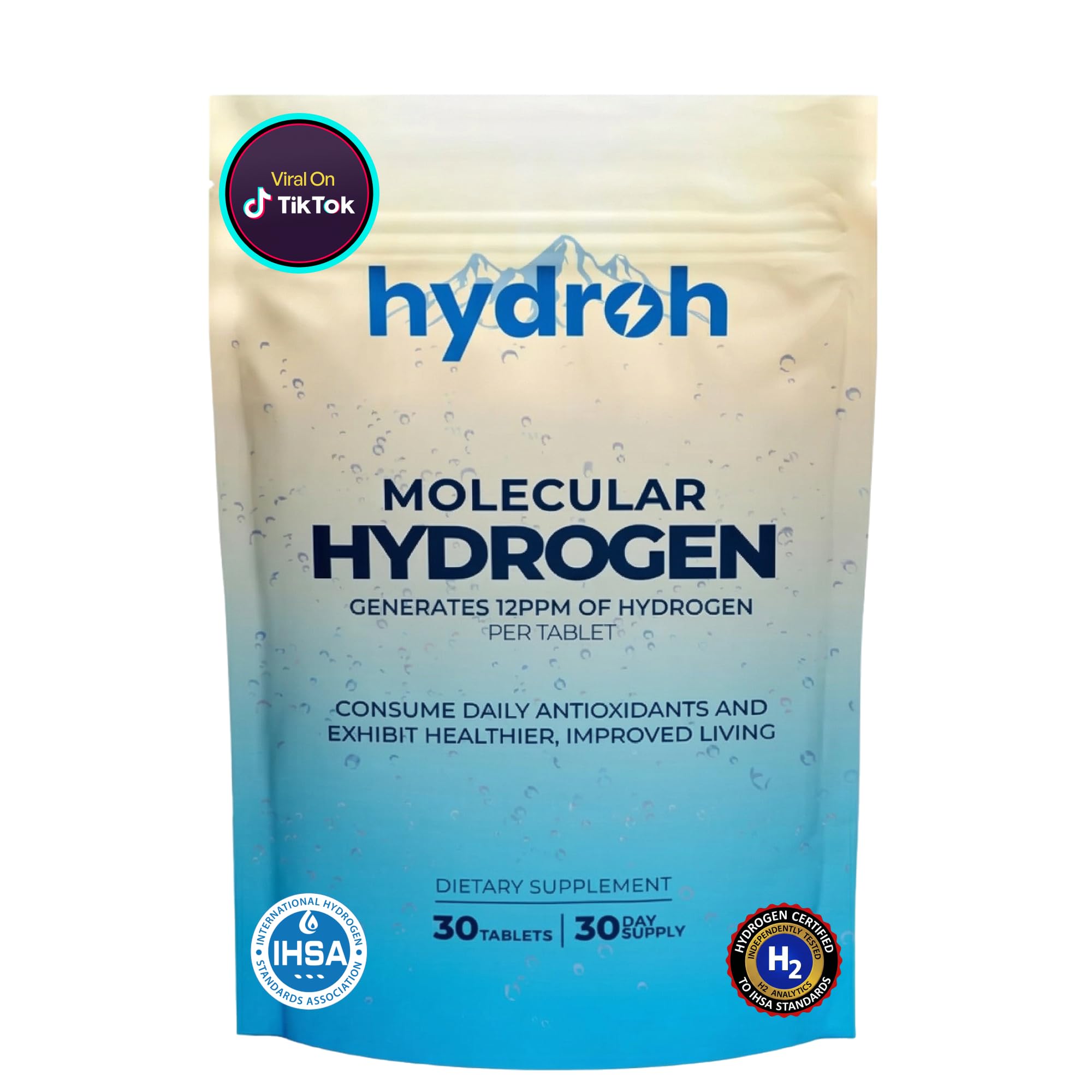 Hydrogen Water Tablets, Molecular Hydrogen Tablets for Drinking Water, Quick-Dissolving Unflavored H2 Tabs, Up to 12 PPM Hydrogen, No Equipment Needed (30-Day Supply)