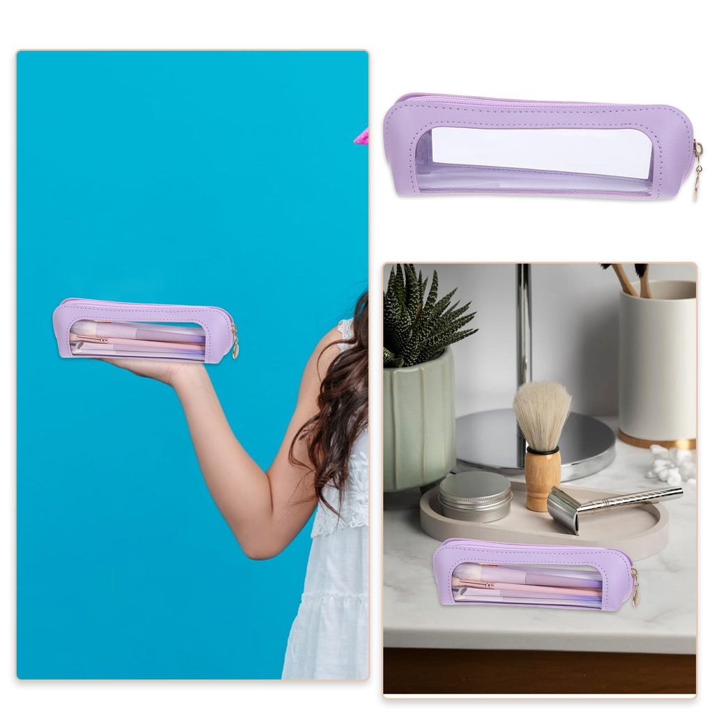 Trendy small clear makeup bag in lavender with a zipper, ideal for organizing cosmetics at home or on the go.