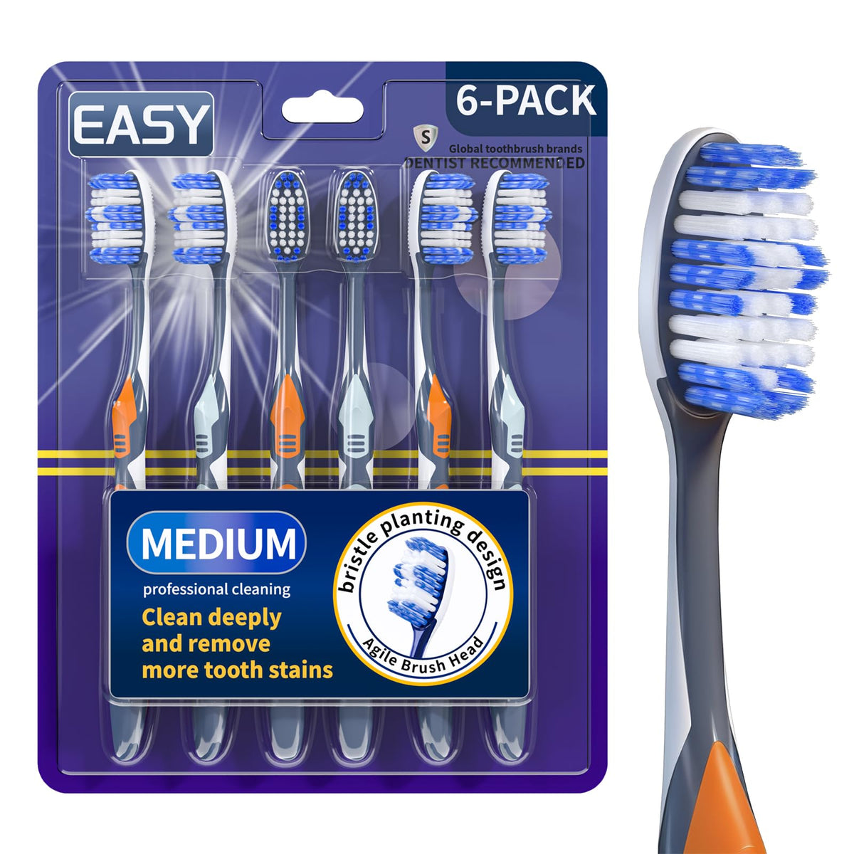 Medium Toothbrushes for Adults with Tongue Cleaner, Utilizing whitening Spiral Wave Brush bristles, it Effectively Cleans Coffee, Tea, and Smoke Stains, Gentle Rounded Tips（6 Pack）