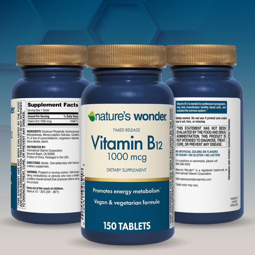 Nature's Wonder Vitamin B12 1000mcg Timed Release Steady Energy 150Tablets | Supports Red Blood Cell Production, Energy Metabolism, Brain & Nervous System Health for Women & Men, Gluten-Free, 150 Days
