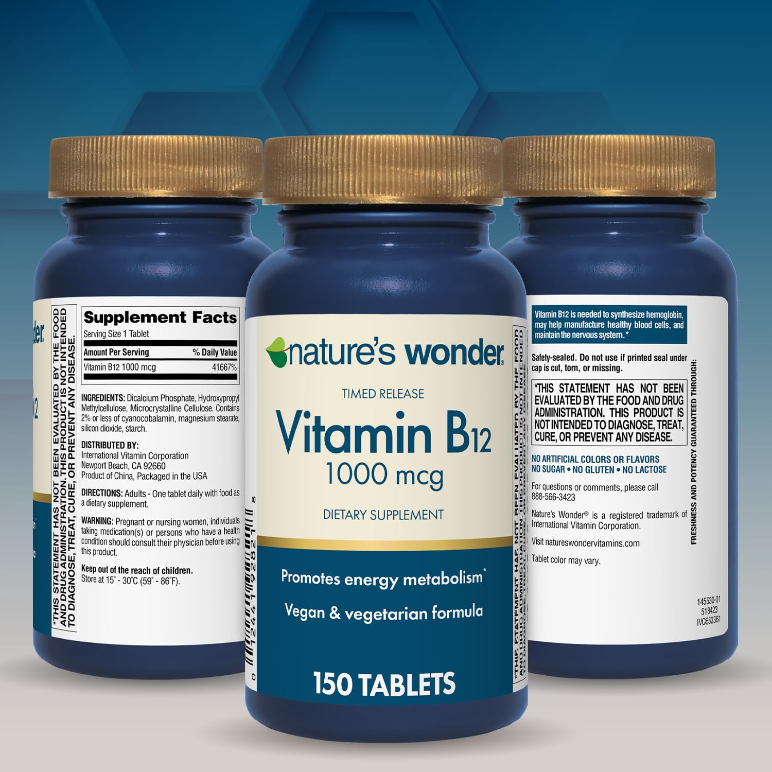 Nature's Wonder Vitamin B12 1000mcg Timed Release Steady Energy 150Tablets | Supports Red Blood Cell Production, Energy Metabolism, Brain & Nervous System Health for Women & Men, Gluten-Free, 150 Days