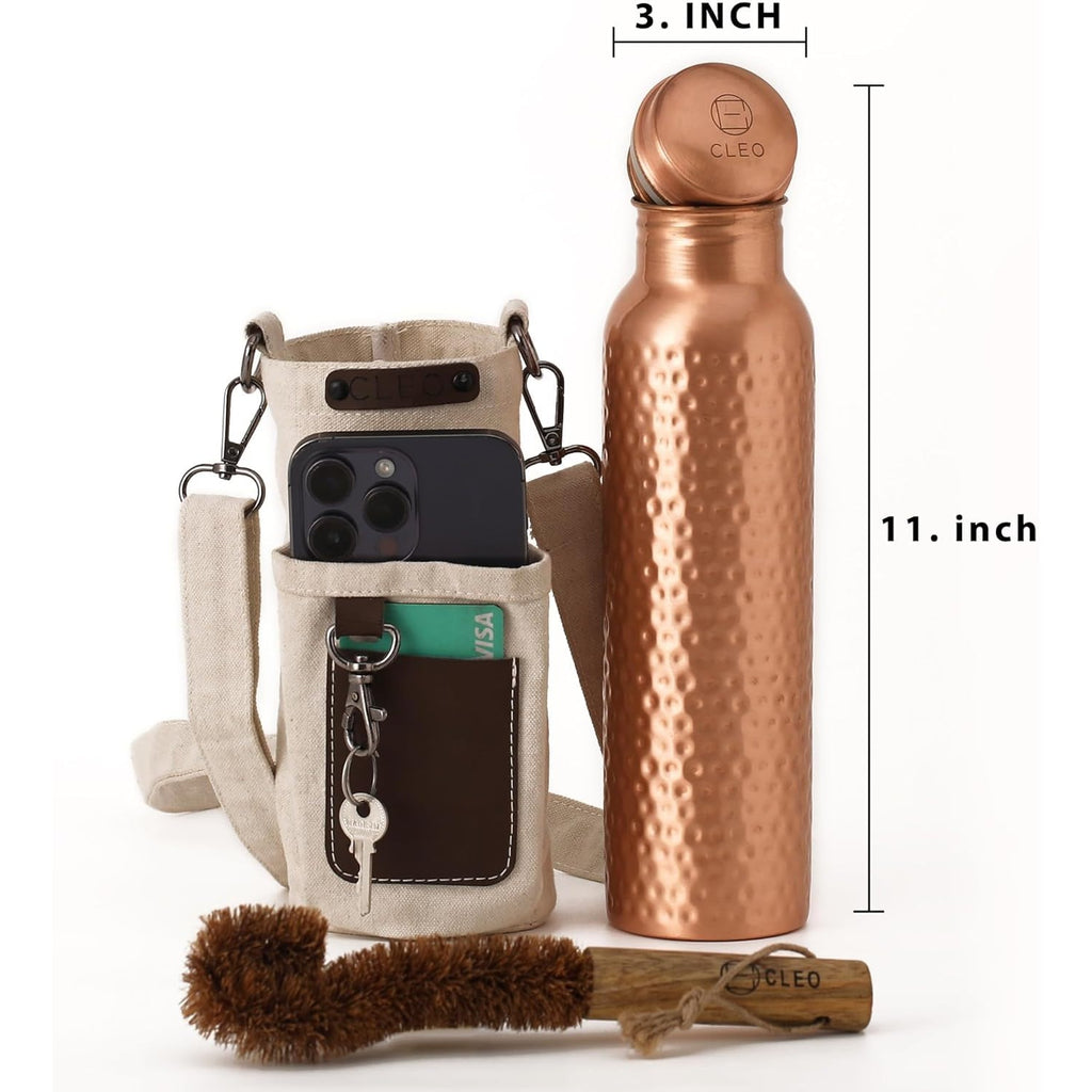 CLEO HOME 100% Pure Copper Water Bottle for Drinking, 34 Oz Hammered Ayurvedic Copper Bottle for Drinking Water | Leak-Proof & Eco-Friendly | For Yoga, Office, Travel with Canvas Carry Bag & Brush