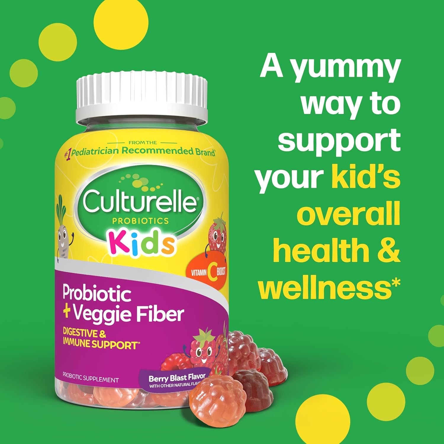 Culturelle Kids Probiotic + Veggie Fiber Gummies, Ages 3+, Berry, 60 Count | From the #1 Pediatrician-Recommended Brand± Promotes Digestive Gut Health & Immune Support* for Children, with Vitamin C
