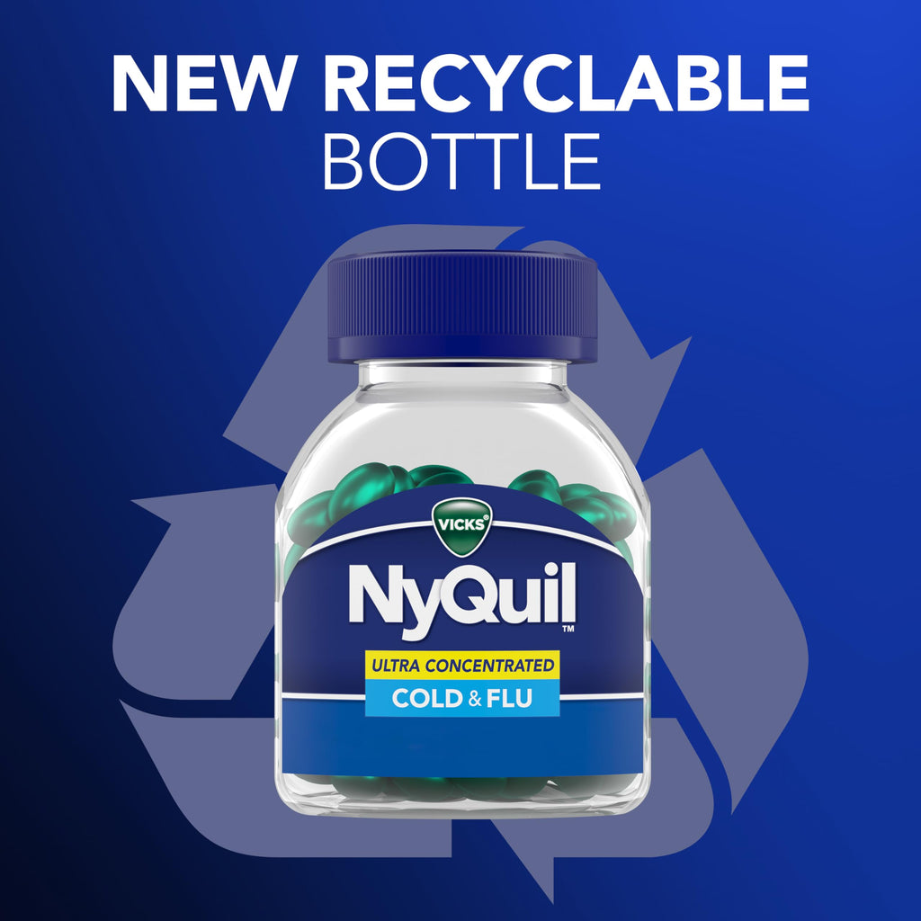 Buy now NyQuil Ultra Concentrated Cold and Flu Medicine, Nighttime, Relief for Cough, Sore Throat, Fever, Congestion, Easy to Swallow, Easy to Open Bottle, 48 LiquiCaps at indiglob india