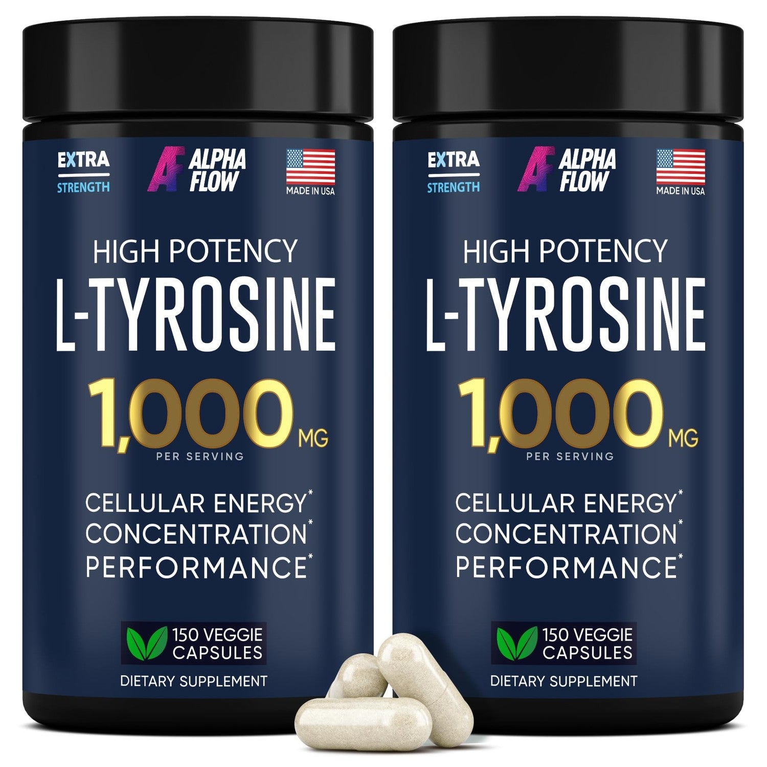 [2 Pack] L-Tyrosine 1000MG Capsules - Natural L Tyrosine Supplement for Kids & Adults - Energy Boost and Brain Supplement - 2x the potency of L-Tyrosine 500mg capsules - 300 Vegan LTyrosine Capsule