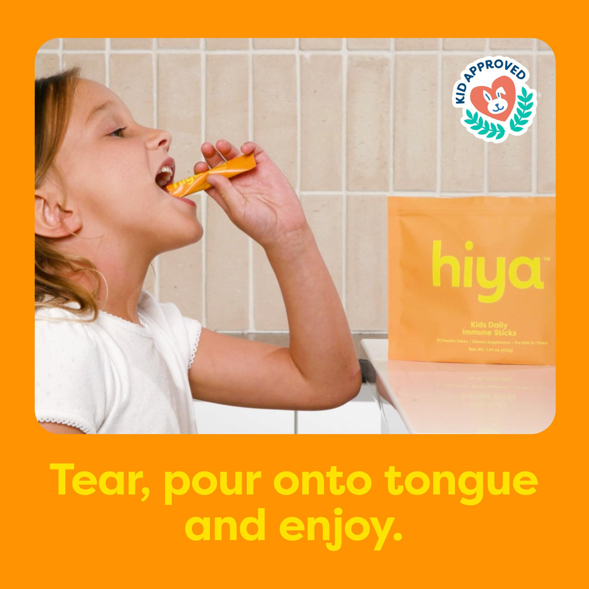 HIYA Kids Daily Immune Support, Vitamin C & Elderberry, Orange, 20 Sticks