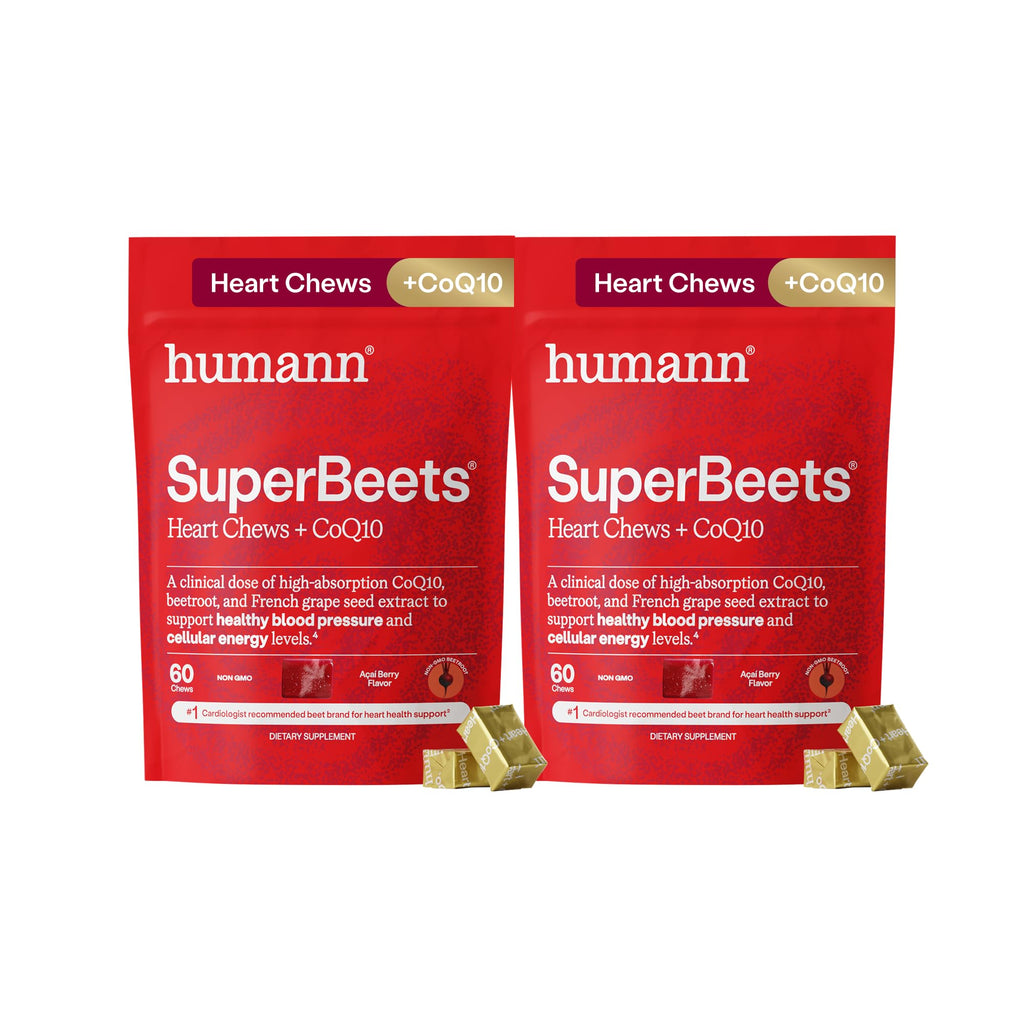 HumanN SuperBeets 3-in-1 Heart Chews + 3X Absorption 150mg CoQ10, 60 Ct | Blood Pressure Support, Nitric Oxide Support & Cellular Energy, Non-GMO Beetroot, Grape Seed Extract, Once Daily, Made in USA