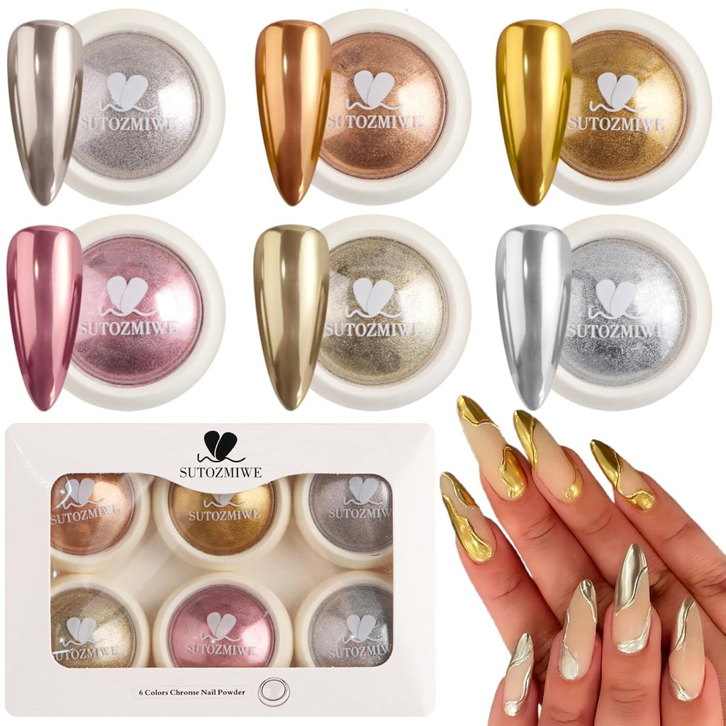 6PCS Chrome Nail Powder Metallic Mirror Pigment Glitter Effect