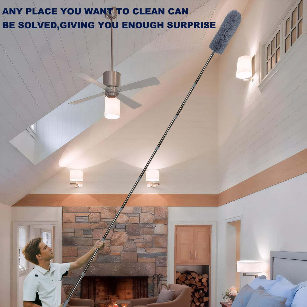 Tonmp 3 Pack 20+ Feet High Reach Grey Microfiber Feather Duster with 3-14 ft Spliceable Pole Cobweb Duster for Cleaning Fan, Spider Web, High Ceiling, Blinds, Furniture Cleaning Tool Kit, Gray