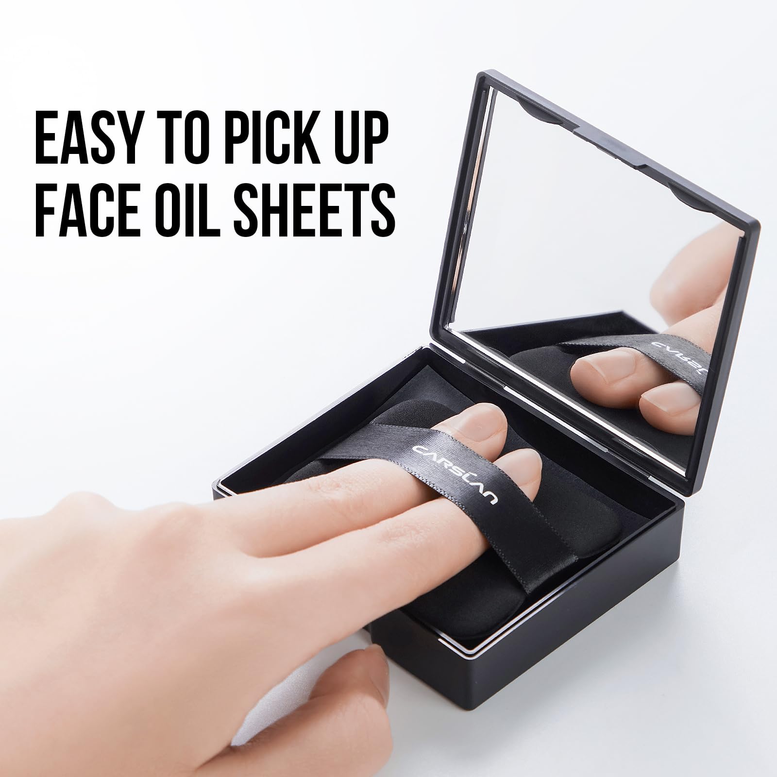 CARSLAN Makeup Blotting Paper with Powder, Keeps Makeup Fresh All Day | Black Magnet Blotting Sheet For Oily & Combination Skin, Compact with Puff & Mirror, 450 Sheets + 8 Refill Adhesive Pads