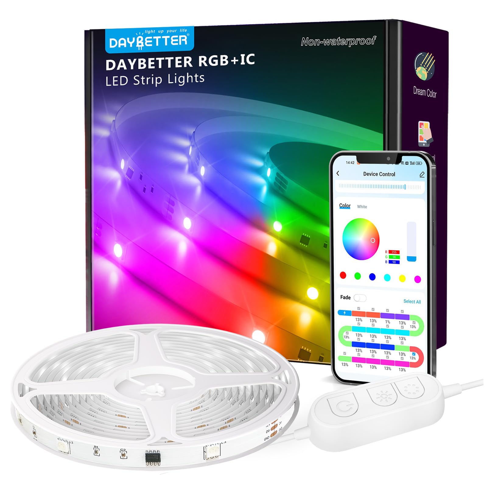 Buy now DAYBETTER Led Strip Lights 100 ft Smart with App Remote Control, 5050 RGB for Bedroom, Living Room, Home Decoration, Music Sync Color Changing for Room Party(2 Rolls of 50 ft) BGRIC 65.6FT at indiglob india