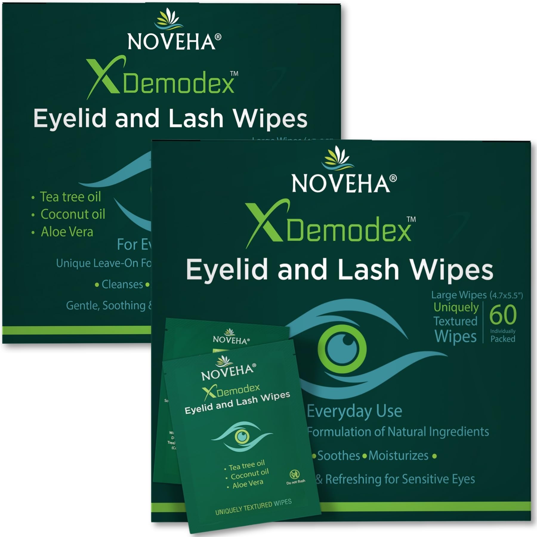 NOVEHA Demodex Eyelid & Lash Wipes | Box Of 60 Individually Wrapped Extra Strength Cleansing Eyelash Wipes - Battle Itchy & Irritated Eyes associated with Demodex Mites, Naturally Remove debris