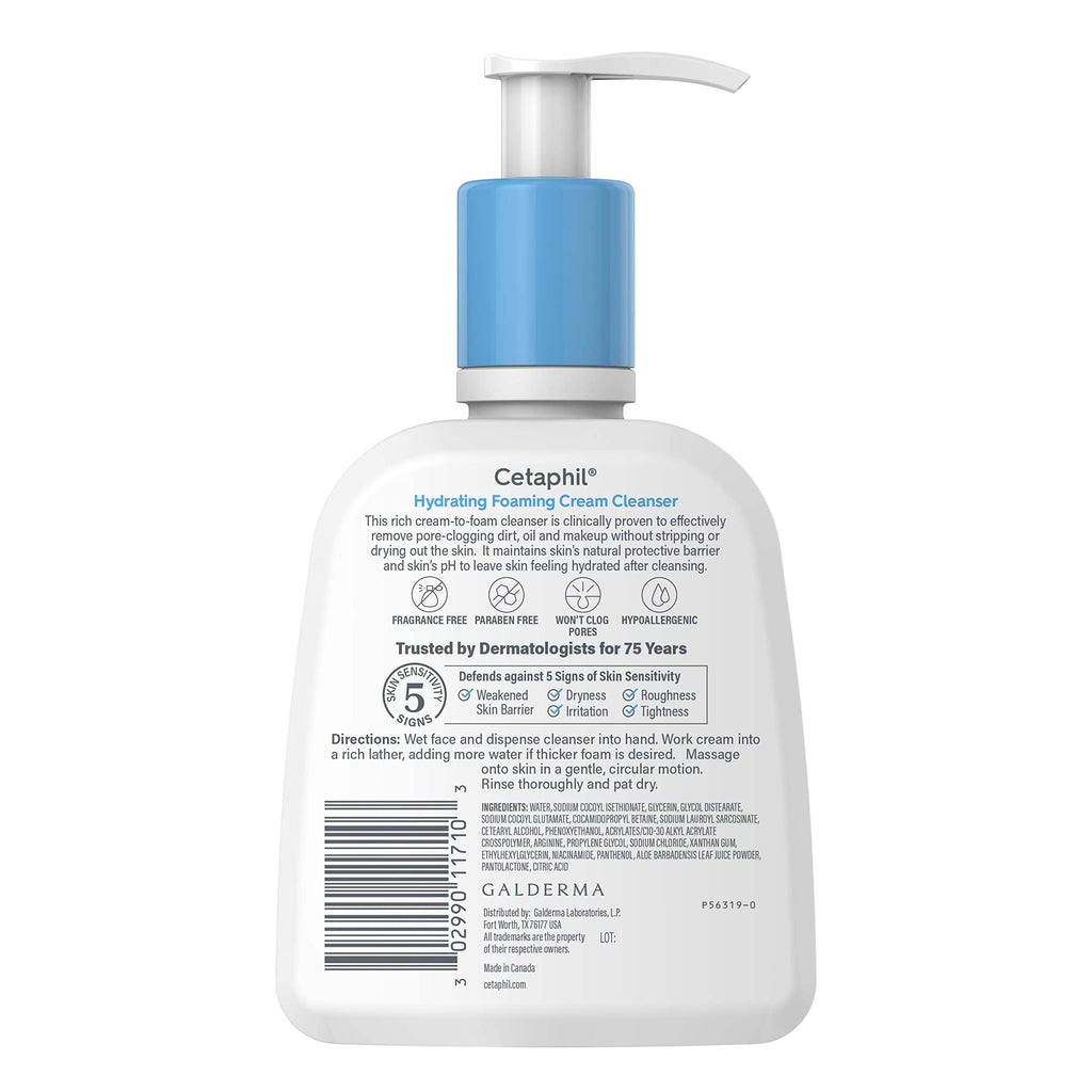 Cetaphil Cream to Foam Face Wash Hydrating Cleanser, 8 fl oz | Gentle Foaming Cleanser, Dry Sensitive Skin, Prebiotic Aloe, Fragrance Free, Hypoallergenic, Dermatologist Recommended