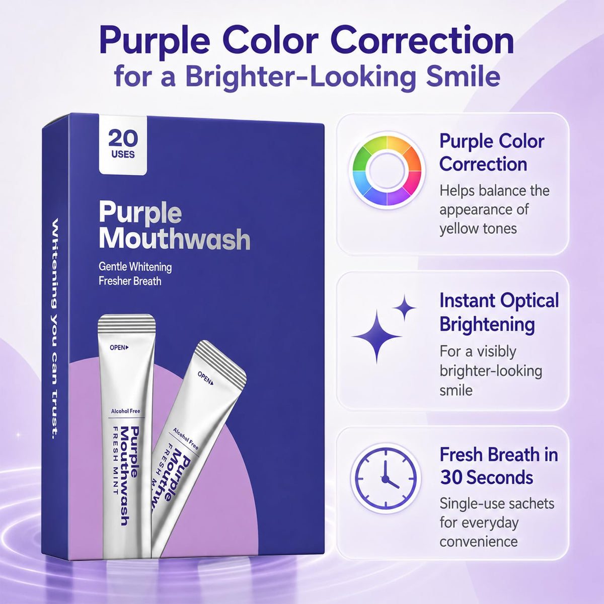 Purple Color Correcting Mouthwash Sachets, 20 Count Instant Optical Whitening Oral Rinse, Alcohol & Peroxide Free Mint Mouthwash for Fresh Breath & Smile Brightening Daily Oral Care