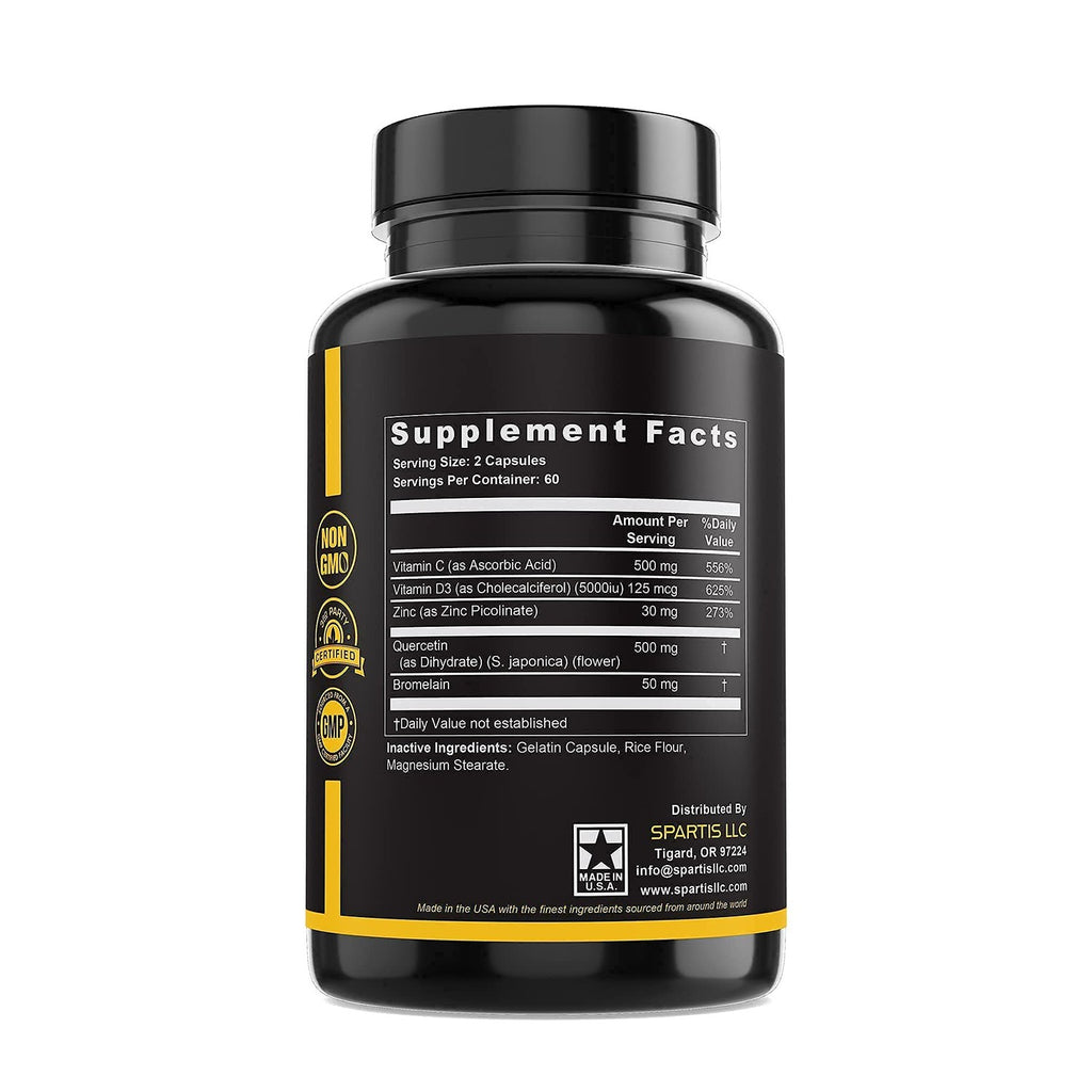 Zinc Quercetin 500mg with Vitamin C Vitamin D3 Bromelain Immune Support High Potency Quercetin Zinc Supplement ZQV by SPARTIS (Pack of 1 Bottle at 120-Caps)