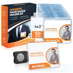 50 Pack of 4x3 Magnetic Name Badge Holders (White Printable Inserts Included) Customizable Magnetic Name Tags for Office, Conventions, School, and Events - Durable and Clear Plastic Name Tag Holder