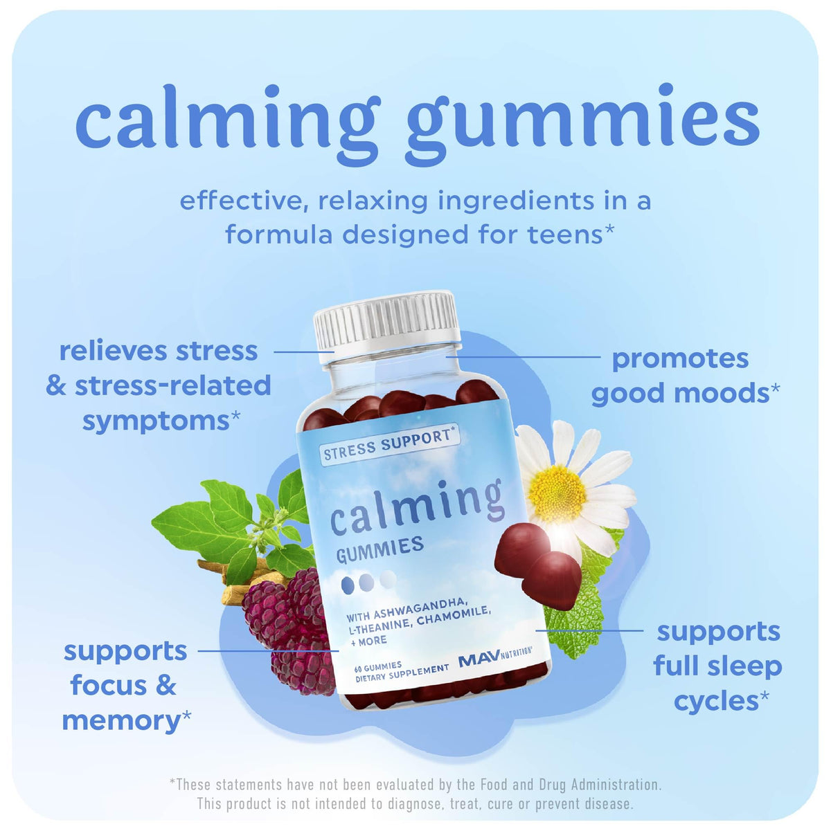 Calming Ashwagandha Gummies for Teens, Stress Relief Supplement + Theanine