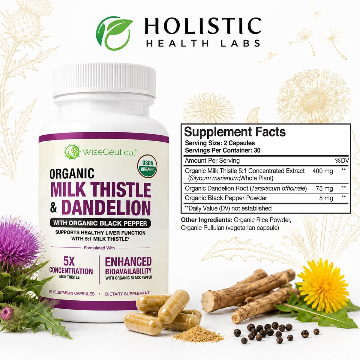 Max Absorption USDA Organic Milk Thistle Potent 5:1 Concentrated Extract (2000mg Strength) & Organic Dandelion Root | Silymarin Antioxidant Flavonoid | Liver Support Supplement (60 Count (Pack of 1))