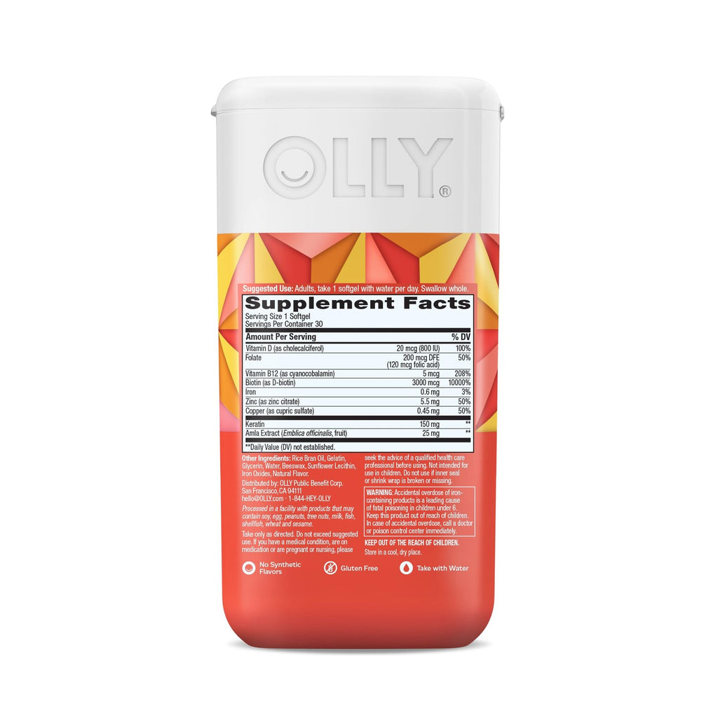 OLLY Ultra Strength Hair Softgels,Supports Hair Health,Biotin,Keratin,Vitamin D,B12,Hair-Supplement,30 Day Supply - (Packaging May Vary),30 Count (Pack of 2)
