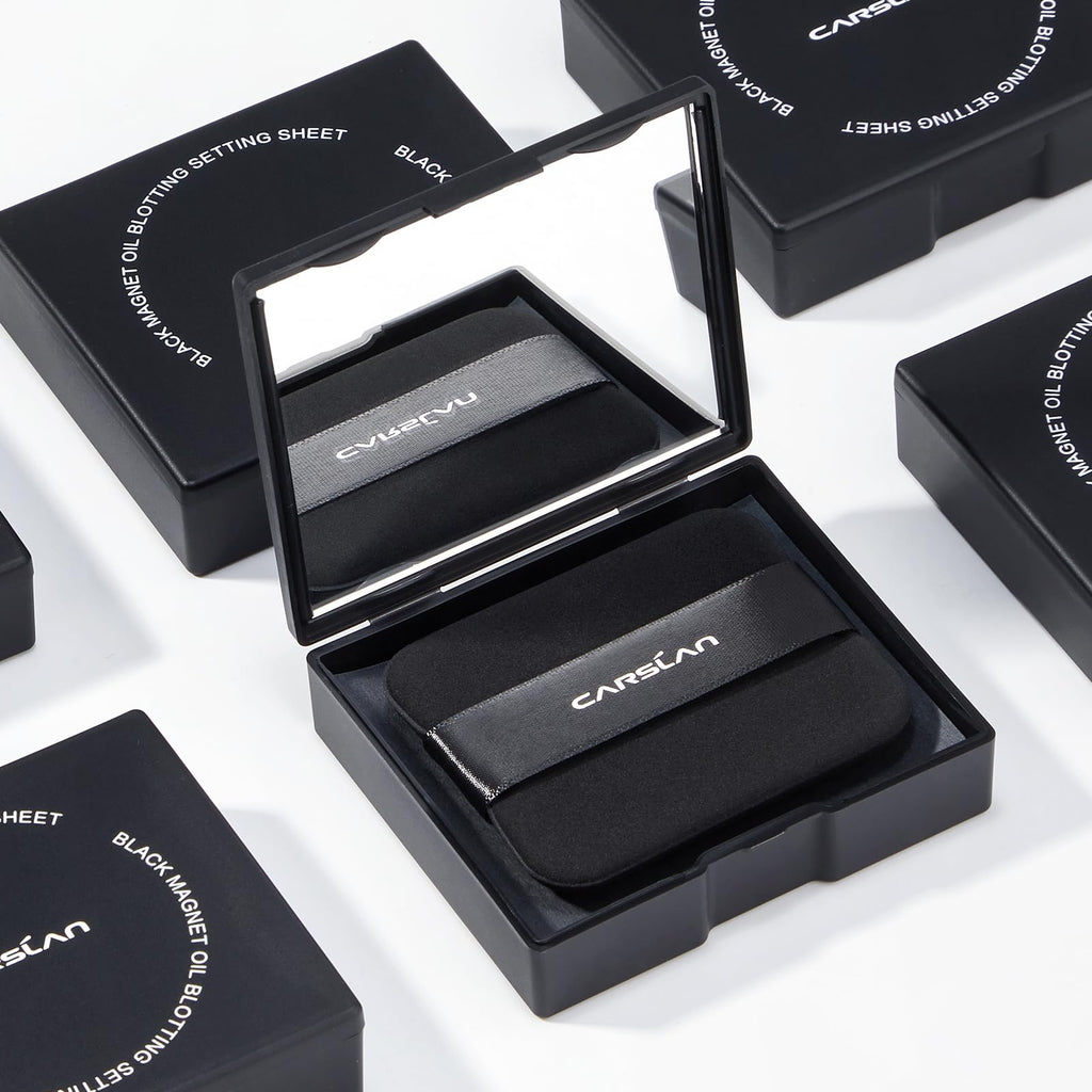 CARSLAN Makeup Blotting Paper with Powder, Keeps Makeup Fresh All Day | Black Magnet Blotting Sheet For Oily & Combination Skin, Compact with Puff & Mirror, 450 Sheets + 8 Refill Adhesive Pads