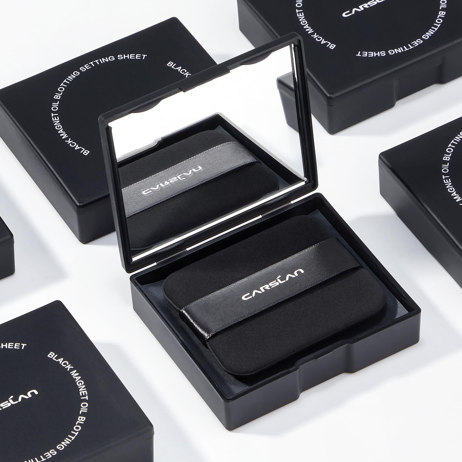 CARSLAN Makeup Blotting Paper with Powder, Keeps Makeup Fresh All Day | Black Magnet Blotting Sheet For Oily & Combination Skin, Compact with Puff & Mirror, 450 Sheets + 8 Refill Adhesive Pads