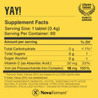 NovaFerrum Yay | Chewable Iron Supplement for Kids & Adults Ages 4 and Over | 18mg of Iron | 90 Servings | Sugar Free | Vegan | Gluten Free | Orange Flavor | For Ages 4+ | Sugar Free, Vegan, Gluten Free Certified | Orange Flavor | 90 Servings