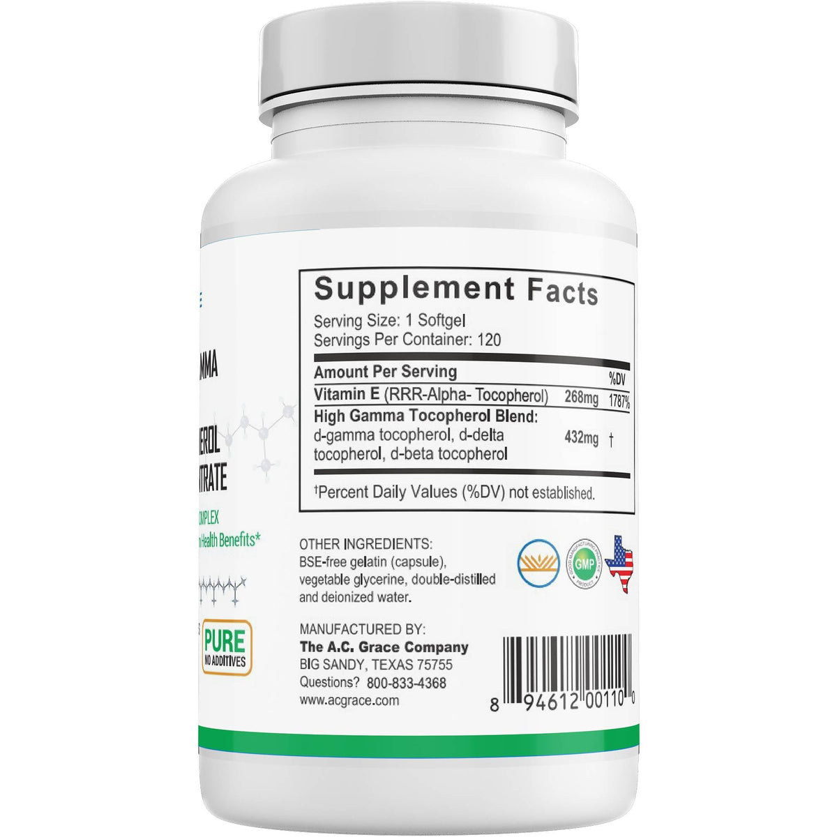 UNIQUE E A.C. Grace Company Mixed Tocopherols 120 Soft Gels, Supports Healthy Brain Function, General Health, and Aging Support, All-Natural Vitamin E and Kosher