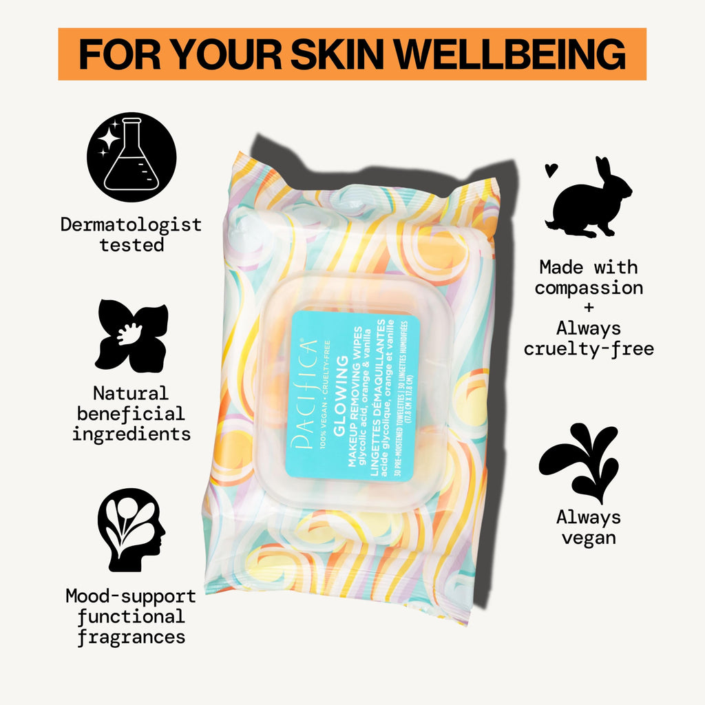 Buy now Pacifica Glowing Makeup Remover Wipes – With Glycolic Acid for AHA Exfoliating and Facial Cleansing – No Rinse Face Cleaning Towelettes – Dermatologist Tested, Vegan & Cruelty-Free – 30 Pack at indiglob india