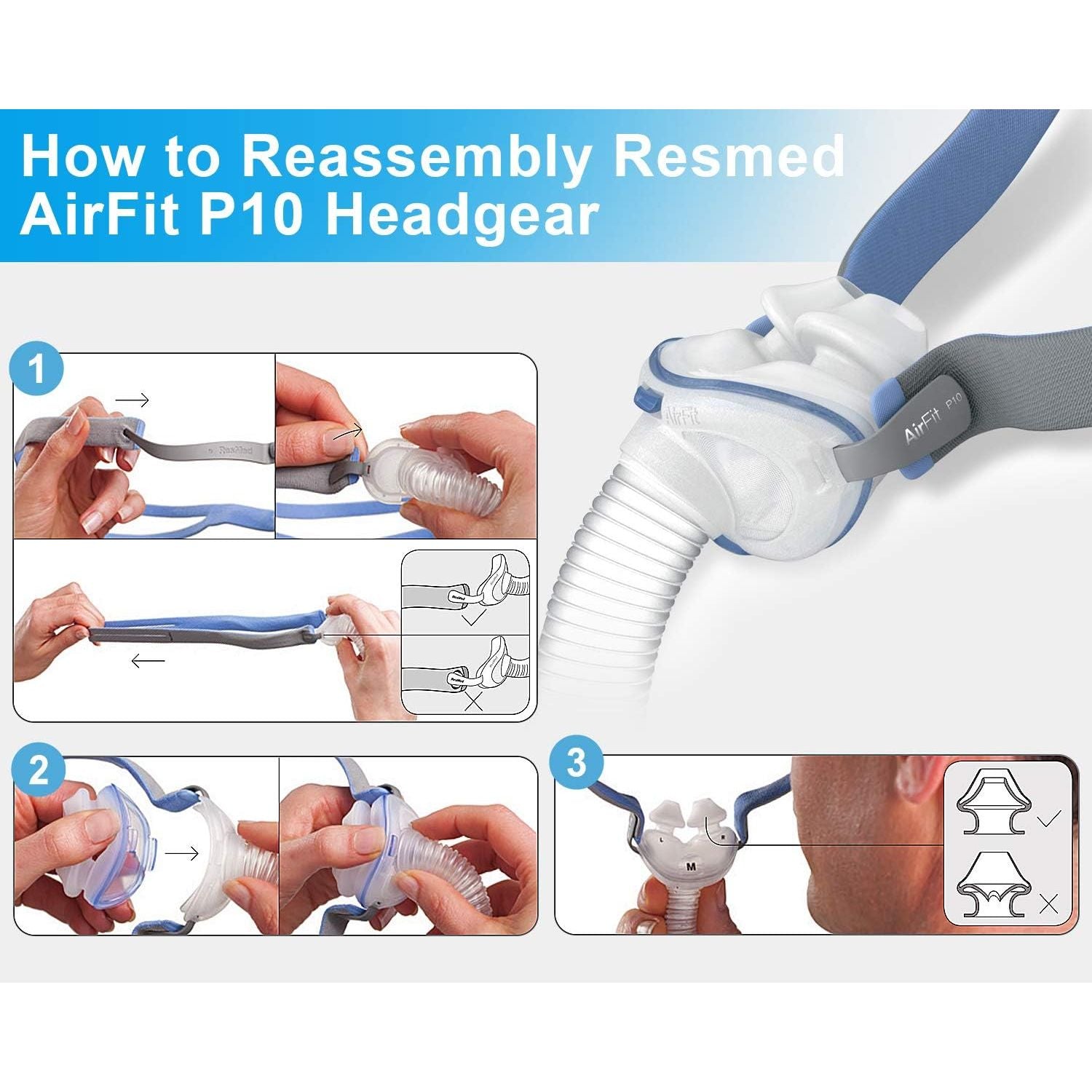 Buy now 3 Pack Headgear Compatible with P10 Nasal Pillow Mask Straps Included 3 Super Elastic Straps and 6 Adjustment Clips(Grey) at indiglob india