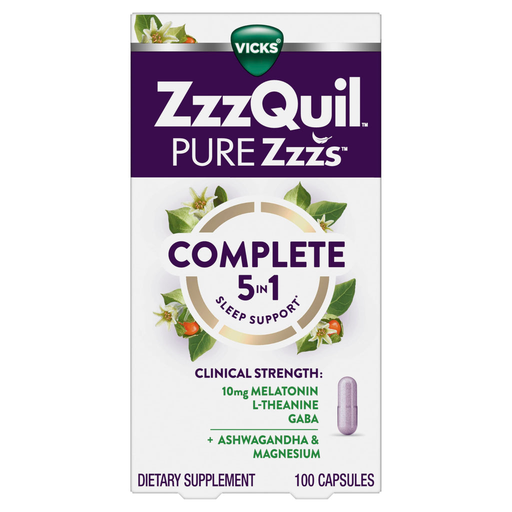 Buy now ZzzQuil Pure Zzzs Complete Sleep, Melatonin 10mg, L-Theanine, GABA, with Ashwagandha, and Magnesium, Melatonin Sleep Aid, 100 Count at indiglob india