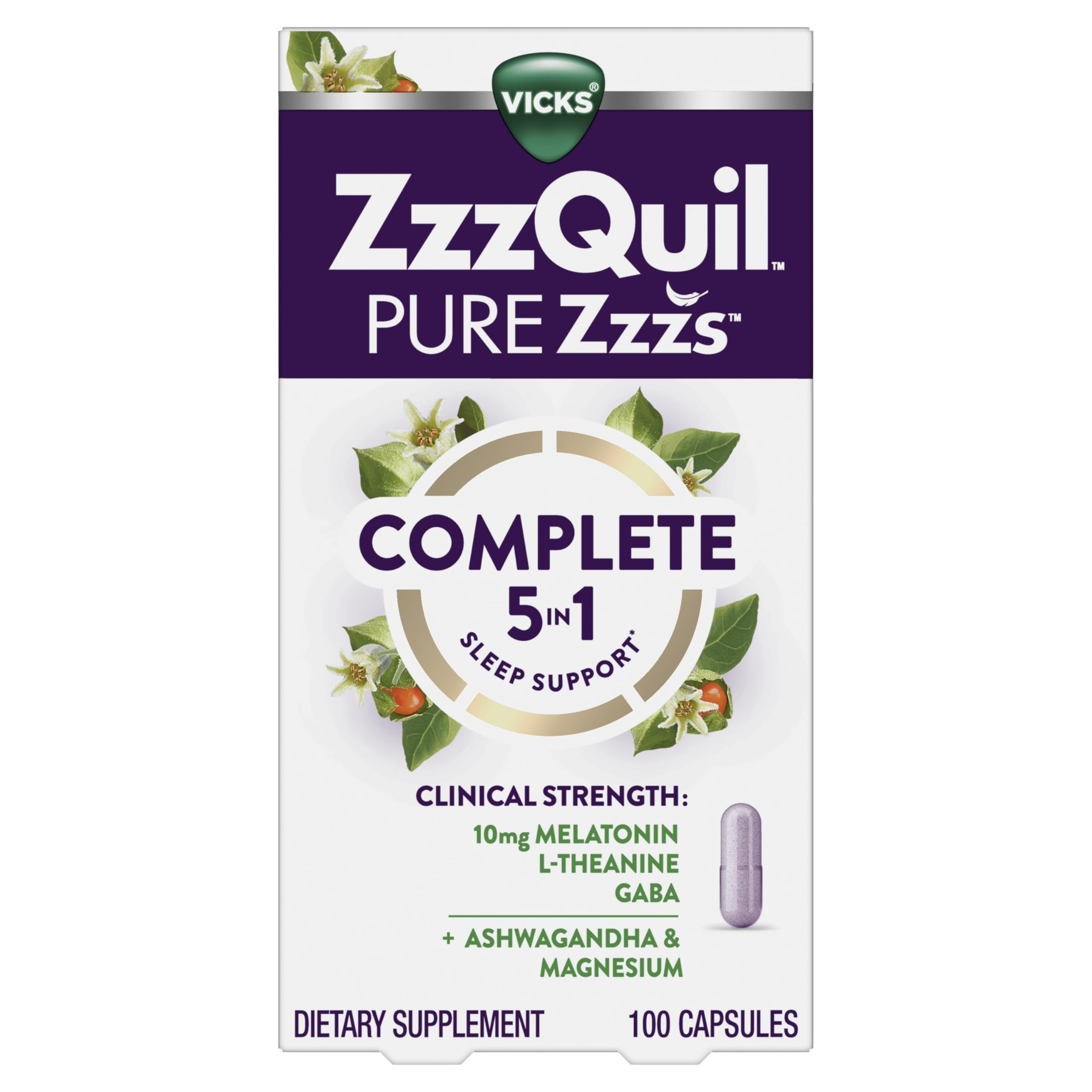 Buy now ZzzQuil Pure Zzzs Complete Sleep, Melatonin 10mg, L-Theanine, GABA, with Ashwagandha, and Magnesium, Melatonin Sleep Aid, 100 Count at indiglob india