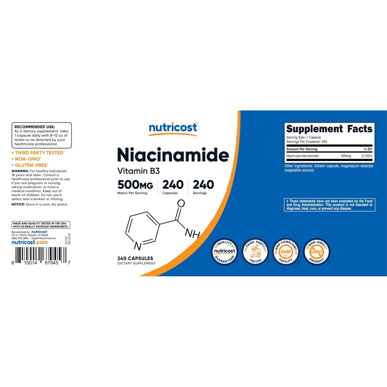 Nutricost Niacinamide (Vitamin B3) 500mg, 240 Capsules, Flush Free | Gluten-Free, GMO-Free