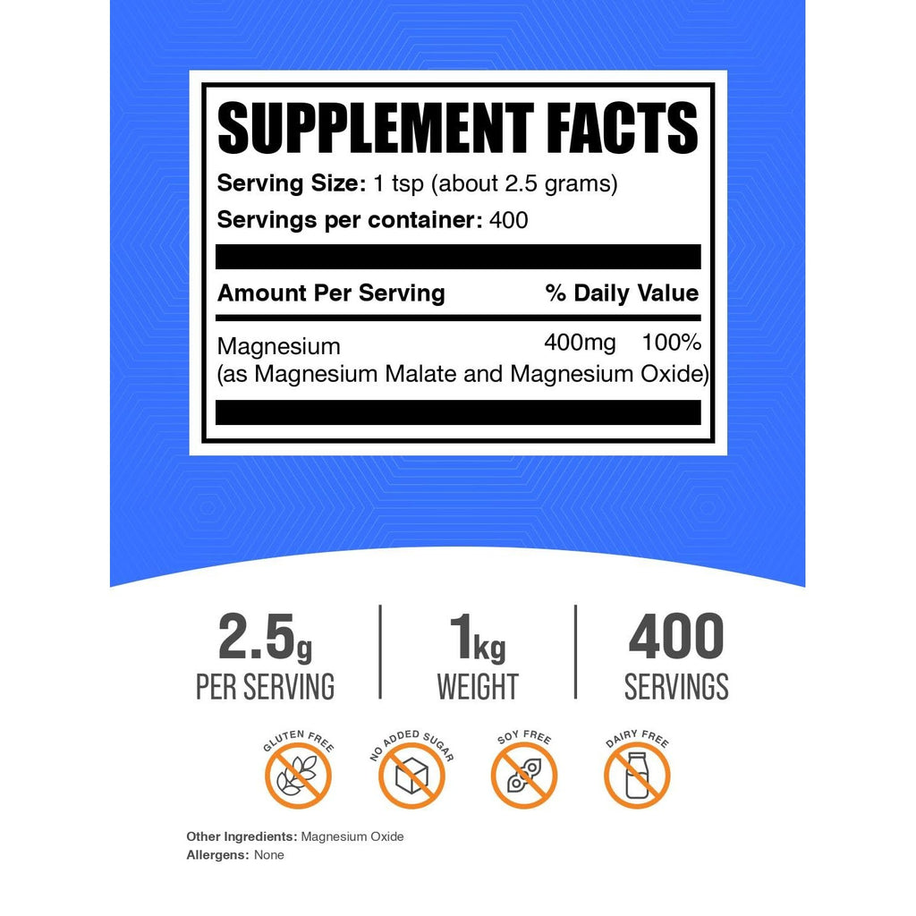 BulkSupplements.com Magnesium Malate Powder - Magnesium Supplements, High Bioavailabilty - Unflavored & Gluten Free, 2.5g per Serving, 1kg (2.2 lbs) (Pack of 1)