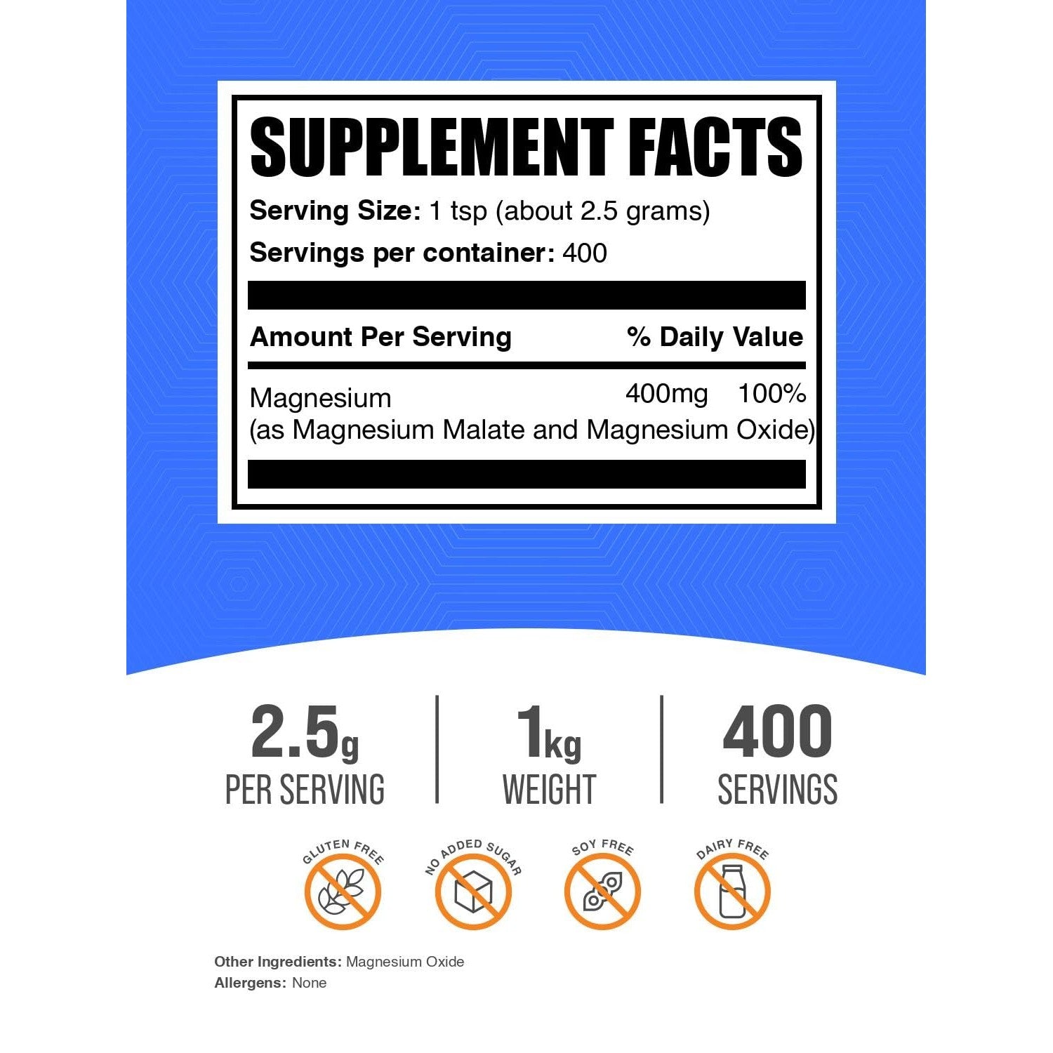 BulkSupplements.com Magnesium Malate Powder - Magnesium Supplements, High Bioavailabilty - Unflavored & Gluten Free, 2.5g per Serving, 1kg (2.2 lbs) (Pack of 1)