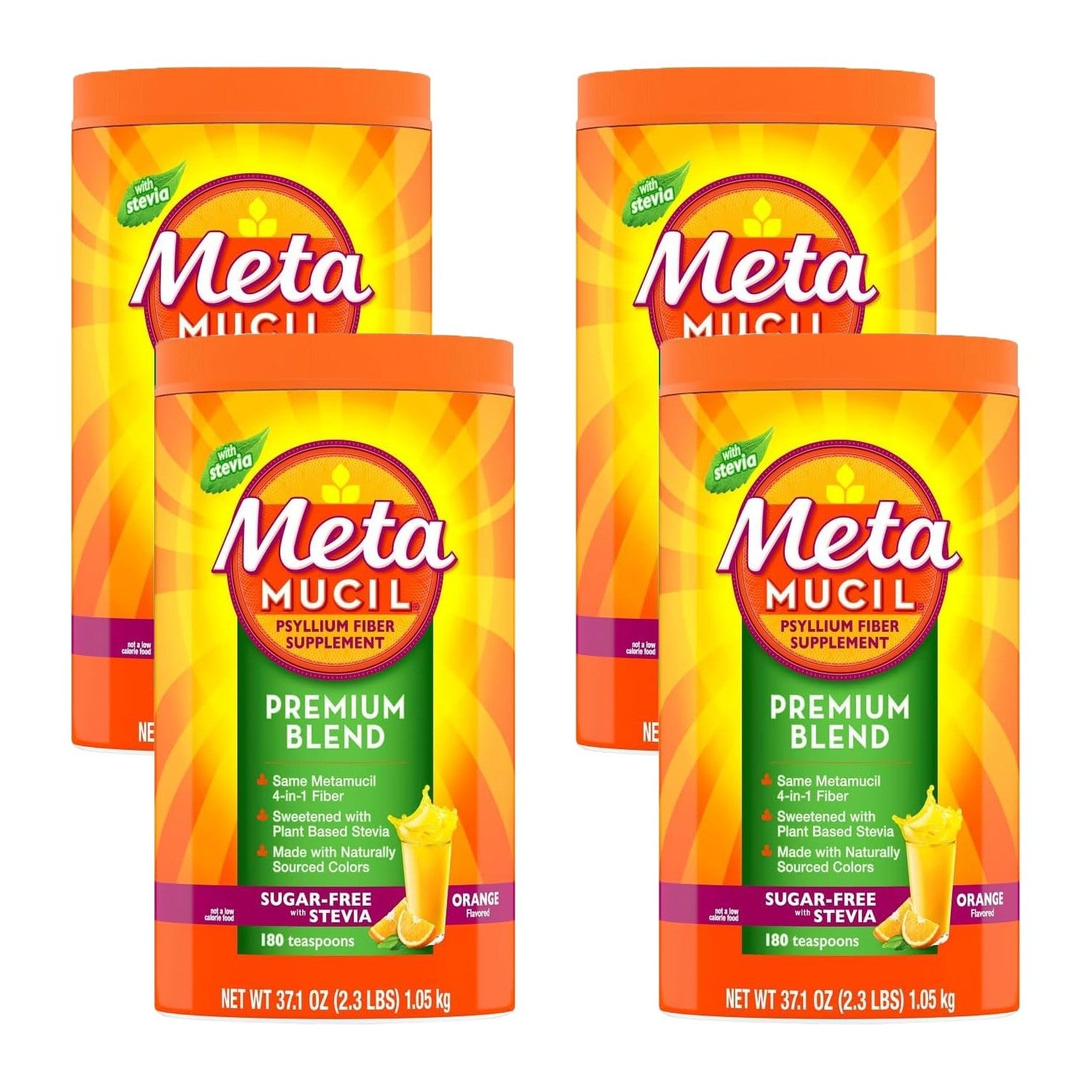 Metamucil Premium Blend, 4-in-1 Fiber Supplement for Digestive Health, Psyllium Husk Fiber Powder, Sugar-Free with Stevia, Plant-Based_Fiber Supplement, Orange Flavored, 180 teaspoons (Pack of 4)