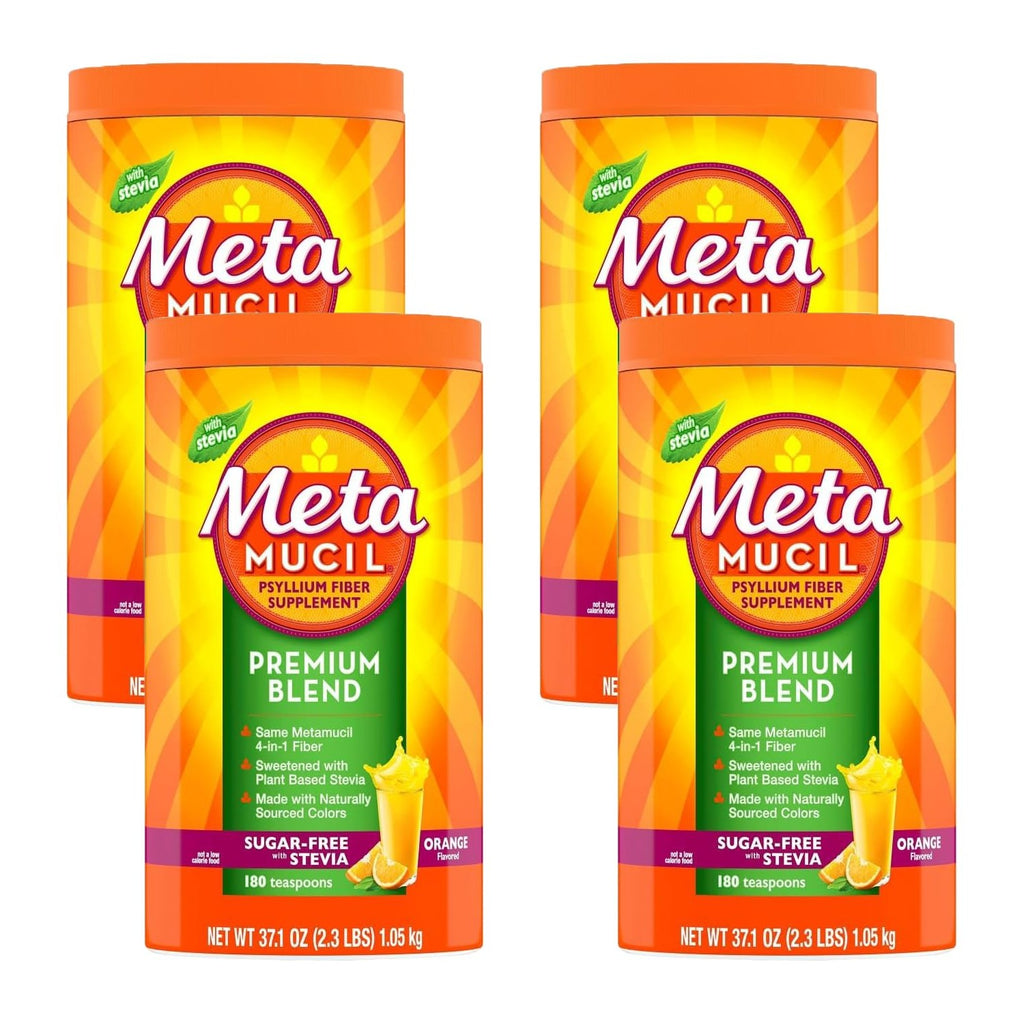 Metamucil Premium Blend, 4-in-1 Fiber Supplement for Digestive Health, Psyllium Husk Fiber Powder, Sugar-Free with Stevia, Plant-Based_Fiber Supplement, Orange Flavored, 180 teaspoons (Pack of 4)