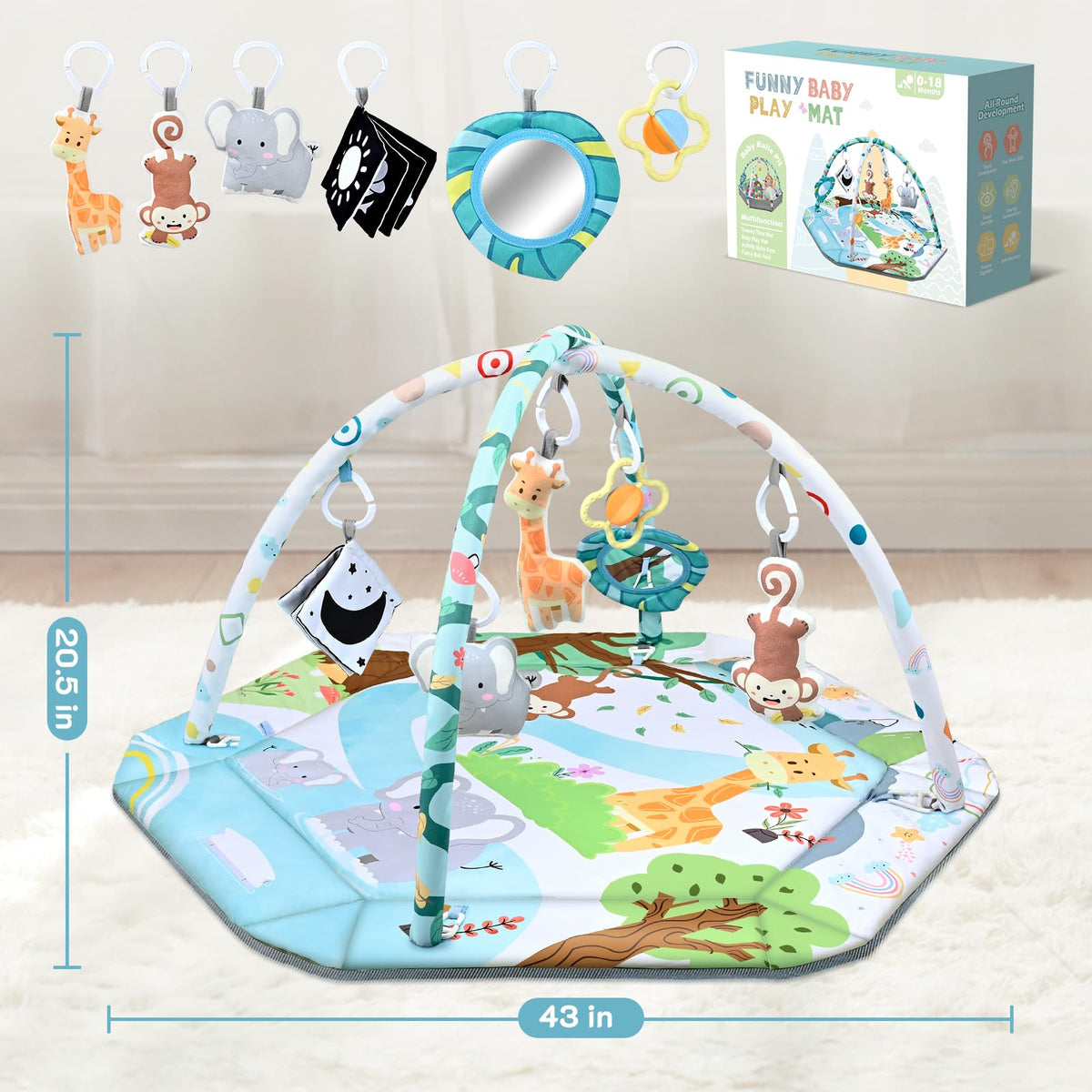 Baby Gym Play Mat, 8-in-1 Tummy Time Mat & Ball Pit with 6 Toys, Washable Baby Activity Play Mat for Visual, Hearing, Sensory, Motor Development, Baby Toys Gift for Toddler Infant 0-3-6-9-12 Months
