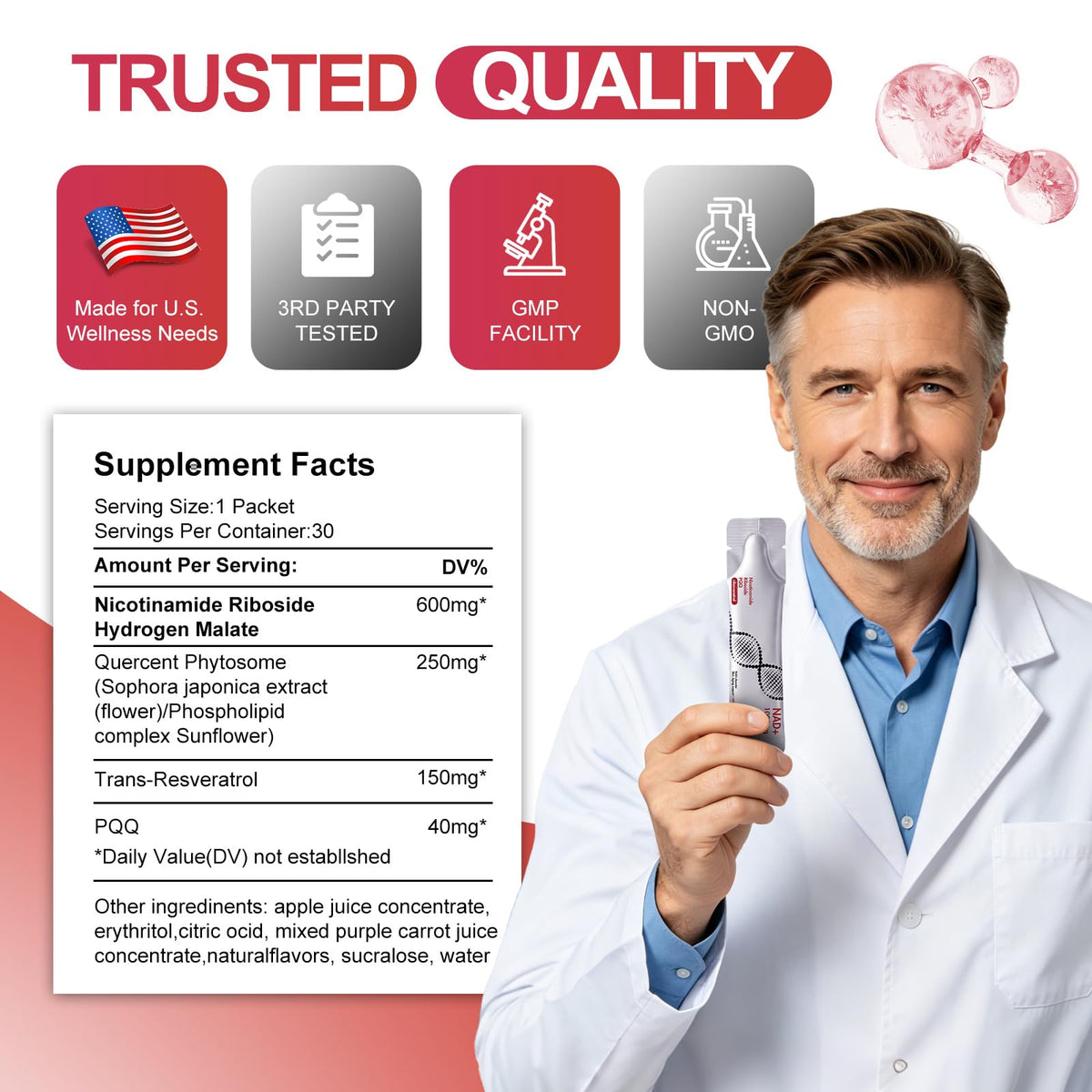 Updated NAD Plus 1000mg Liquid Supplement for Women & Men, 30 Packets