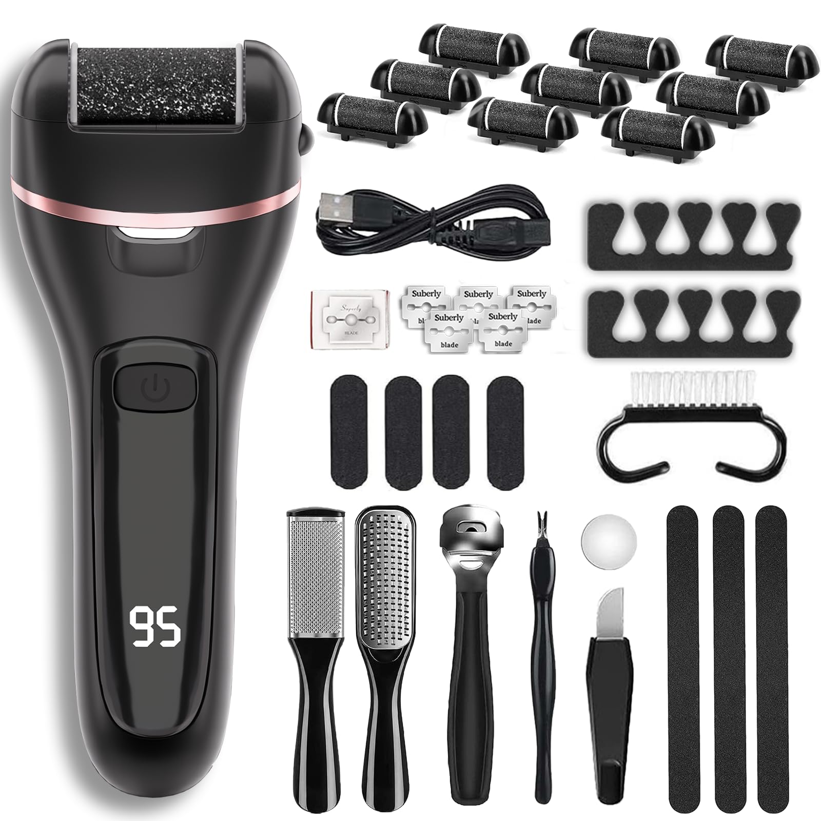 Wea&Hea Electric Foot Callus Remover, Upgraded 20-in-1 Pedicure Kit | 6 roller heads, 2 speeds, rechargeable, IPX6 waterproof wet dry use for hard calluses and cracked heels