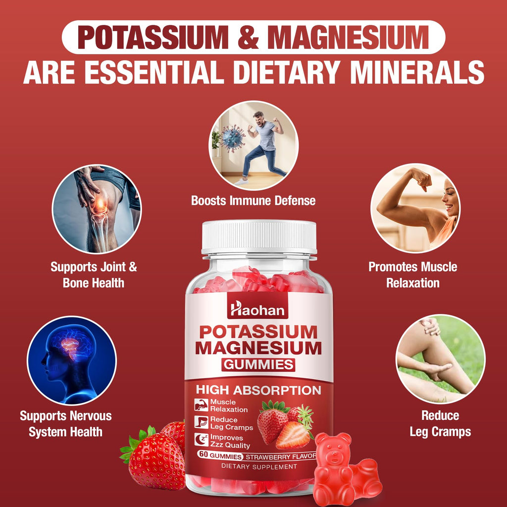 Potassium Magnesium Gummies with Electrolytes & Vitamins - Magnesium Glycinate, Potassium Citrate, Calcium, Vitamins B6, D3 & K2 for Muscle Function & Recovery - Vegan, Strawberry, 60 Count