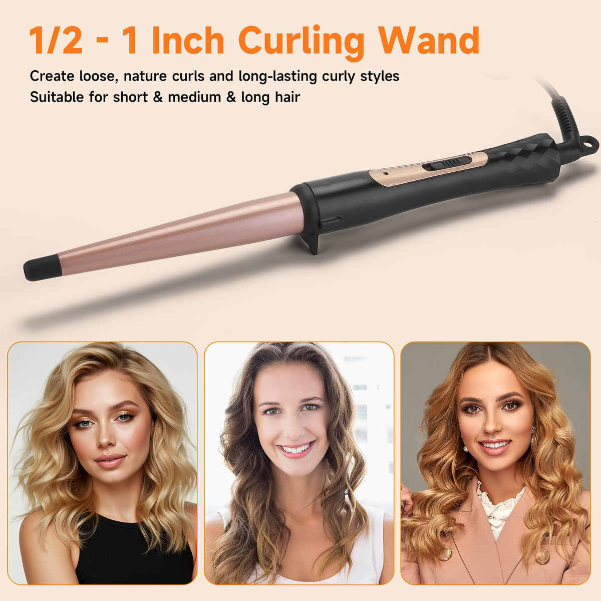 1/2 Inch to 1 Inch Tapered Curling Wand for Short, Medium & Long Hair