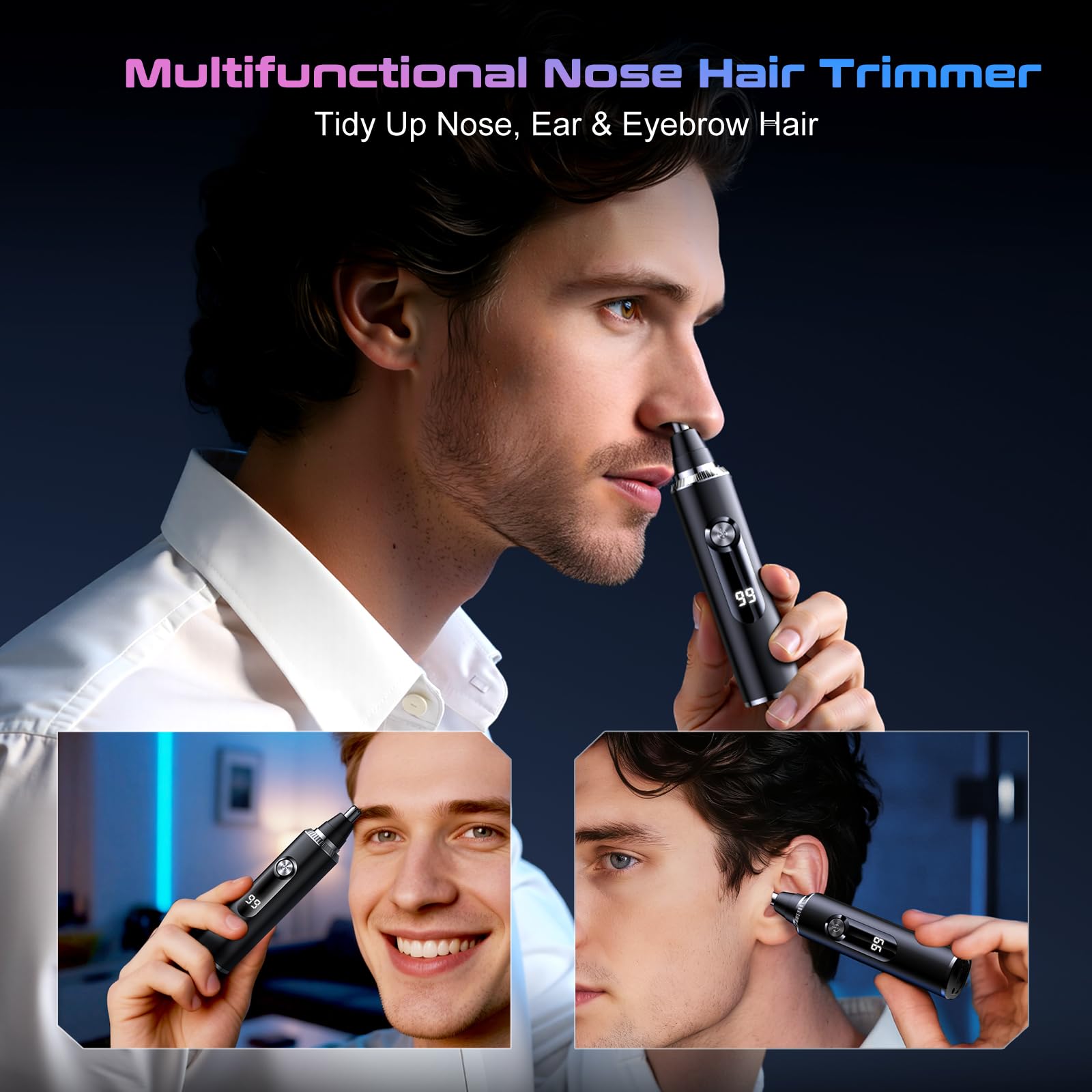 Nose Hair Trimmer for Men and Women, USB Rechargeable Electric Facial and Ear Hair Remover with LED Display, Dual-Edge Blades for Smooth, Painless Eyebrow Grooming (Black)