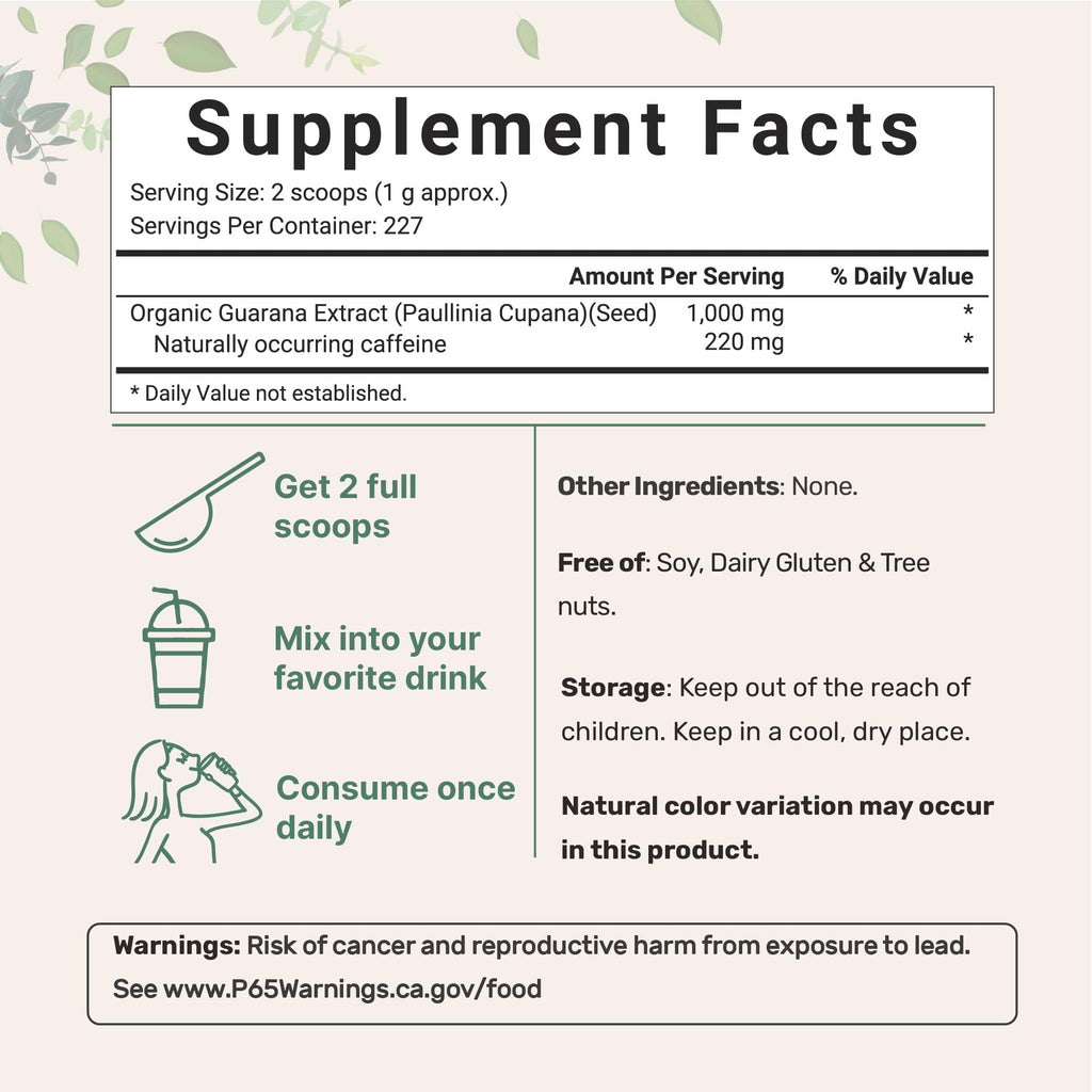 Micro Ingredients Organic Guarana Powder 1,000mg Per Serv, 8 Ounces | 220mg Natural Caffeine Energizer, Brazilian Herbal Extract, Raw, Bulk Superfood, Coffee Substitute, Vegan Friendly, & Non-GMO