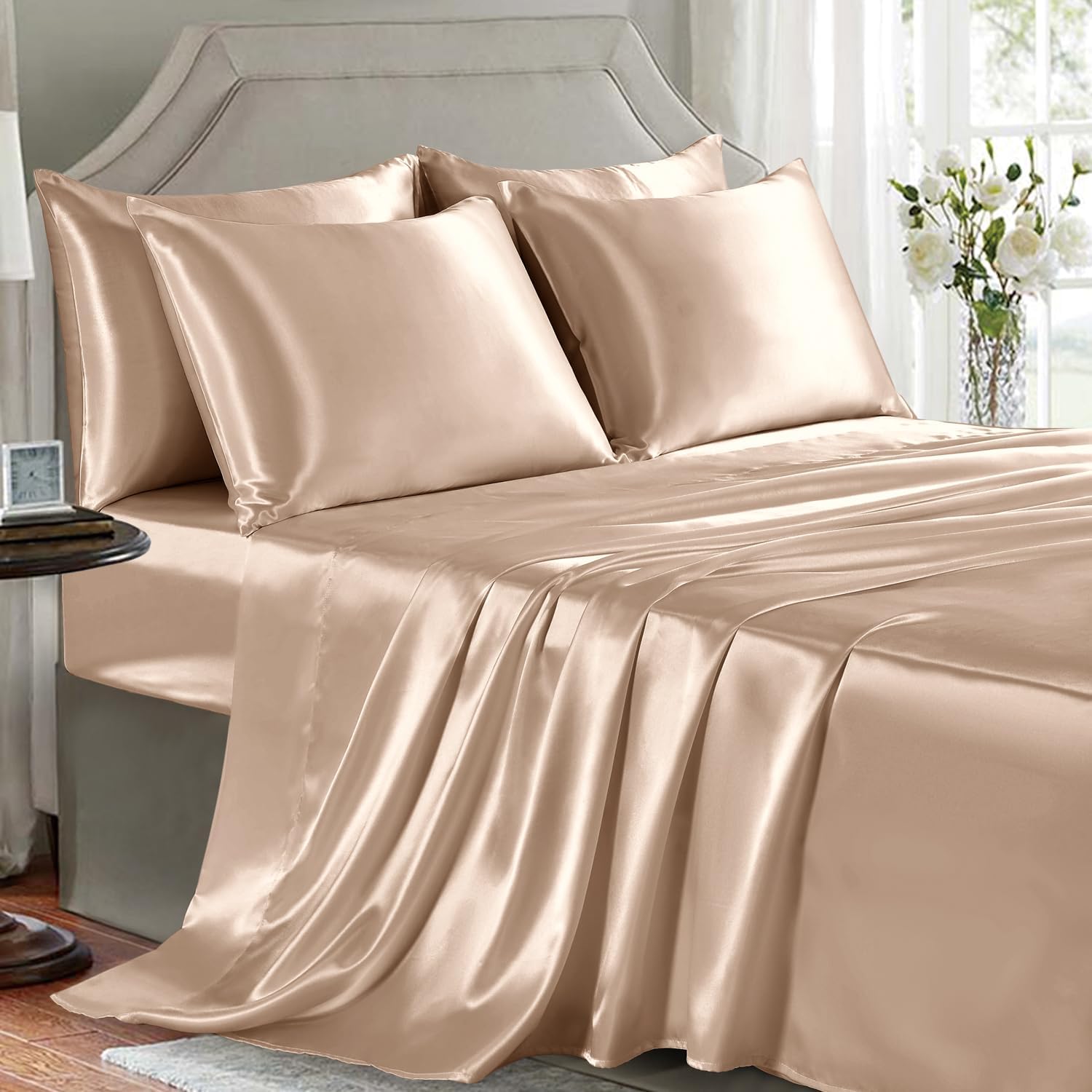 Buy now Satin Sheets King Size - 4 Pieces Luxury Silky Soft Bed Sheets, Wrinkle-Free Gold Satin Silk Sheet Set with 1 Deep Pocket Fitted Sheet, 1 Flat Sheet, 2 Pillow Cases King(6Pc) Champagne at indiglob india